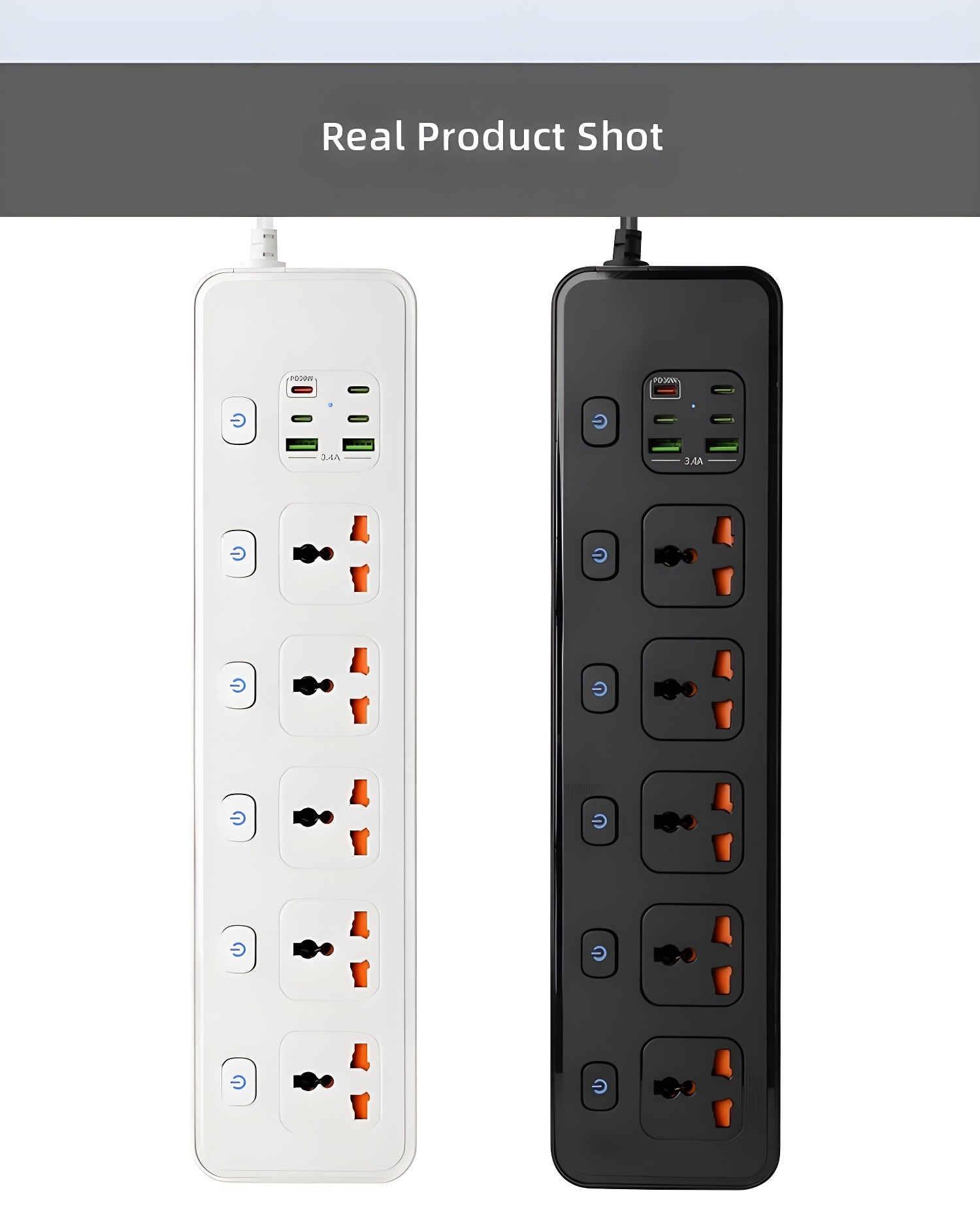 Real product shot: white and black power strips with 'Real Product Shot' banner