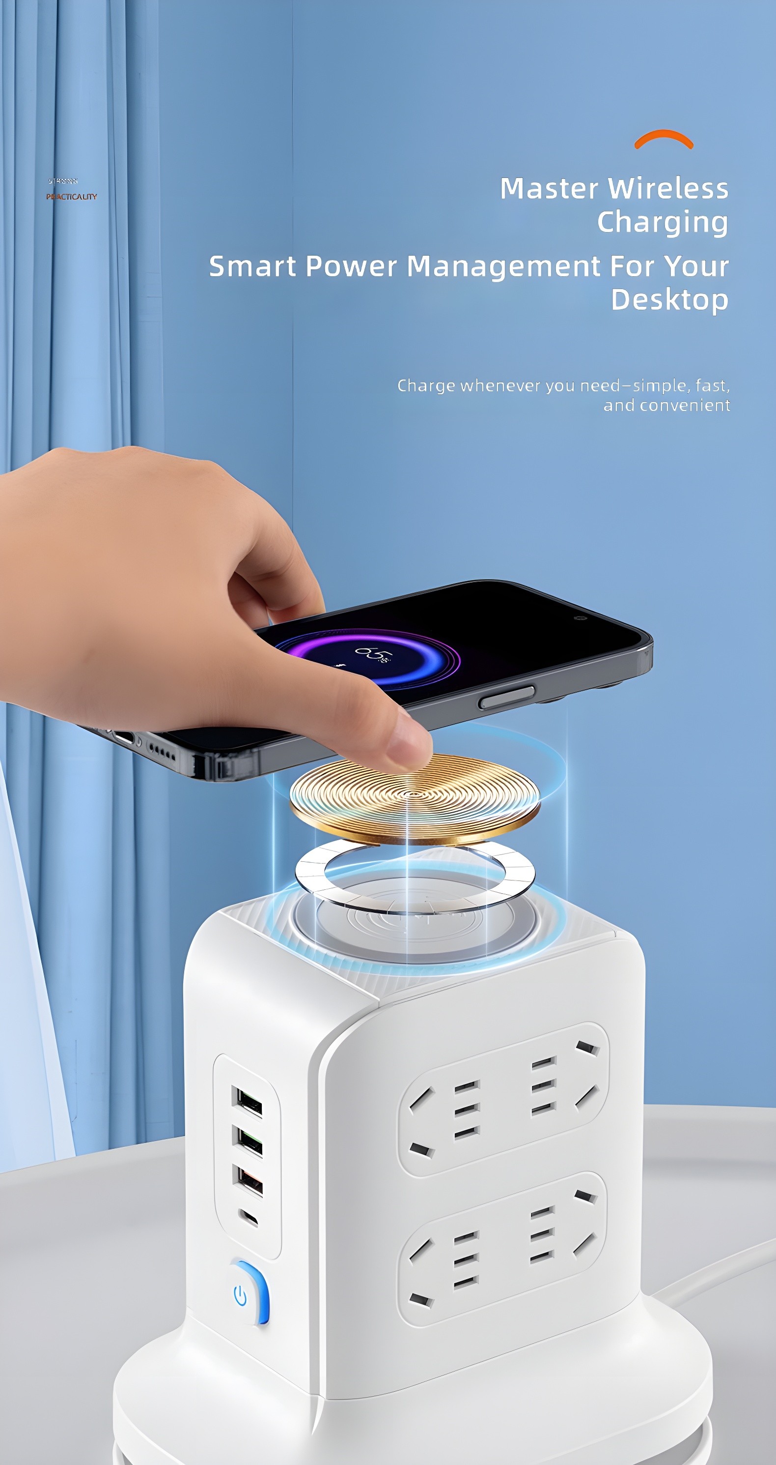 Close-up of hand placing smartphone on wireless charging pad with animated coil visualization