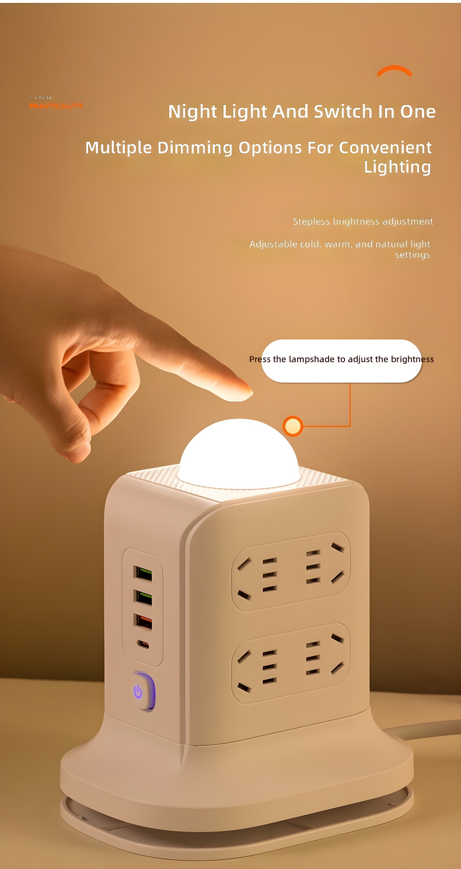 Hand adjusting brightness of integrated LED lamp on power tower