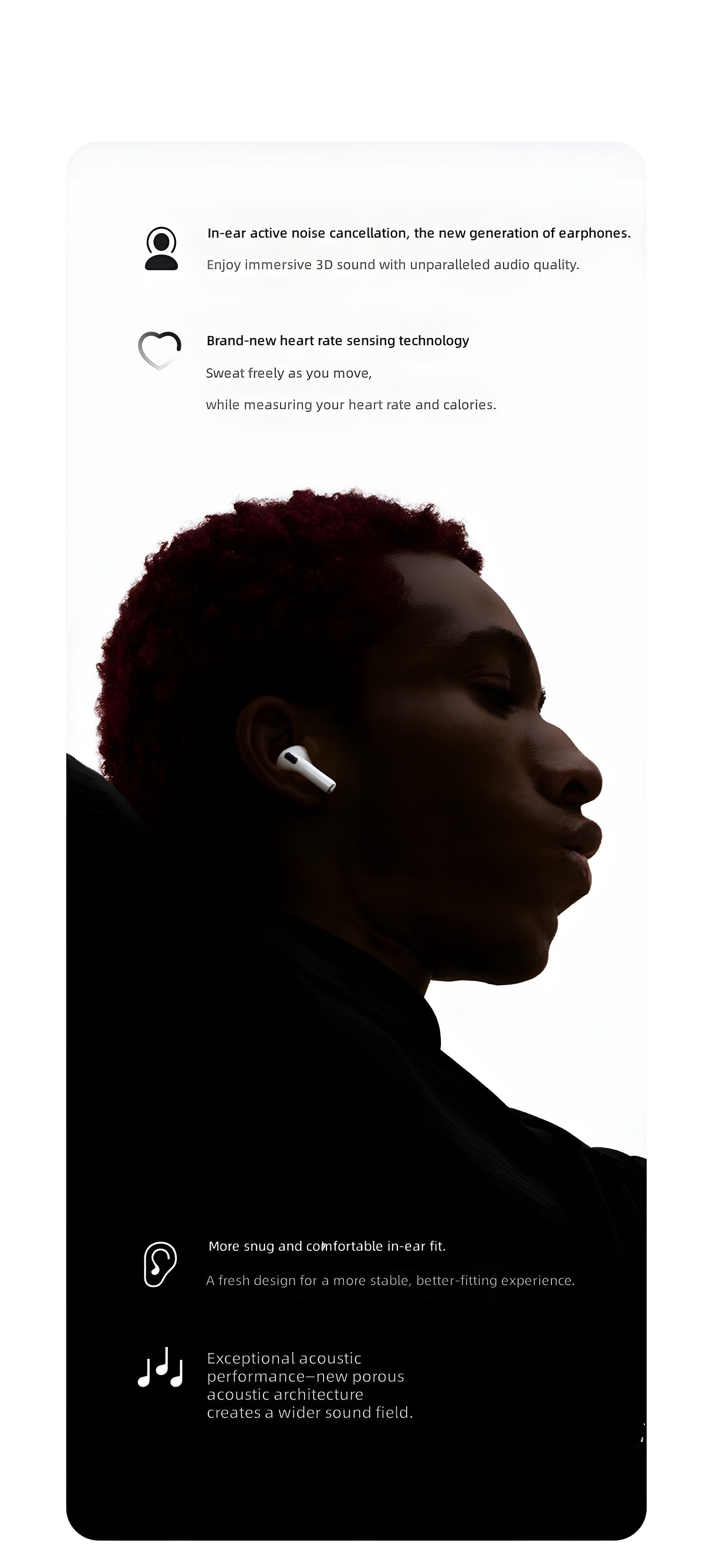 Person wearing AirPods Pro 3 with feature highlights overlay