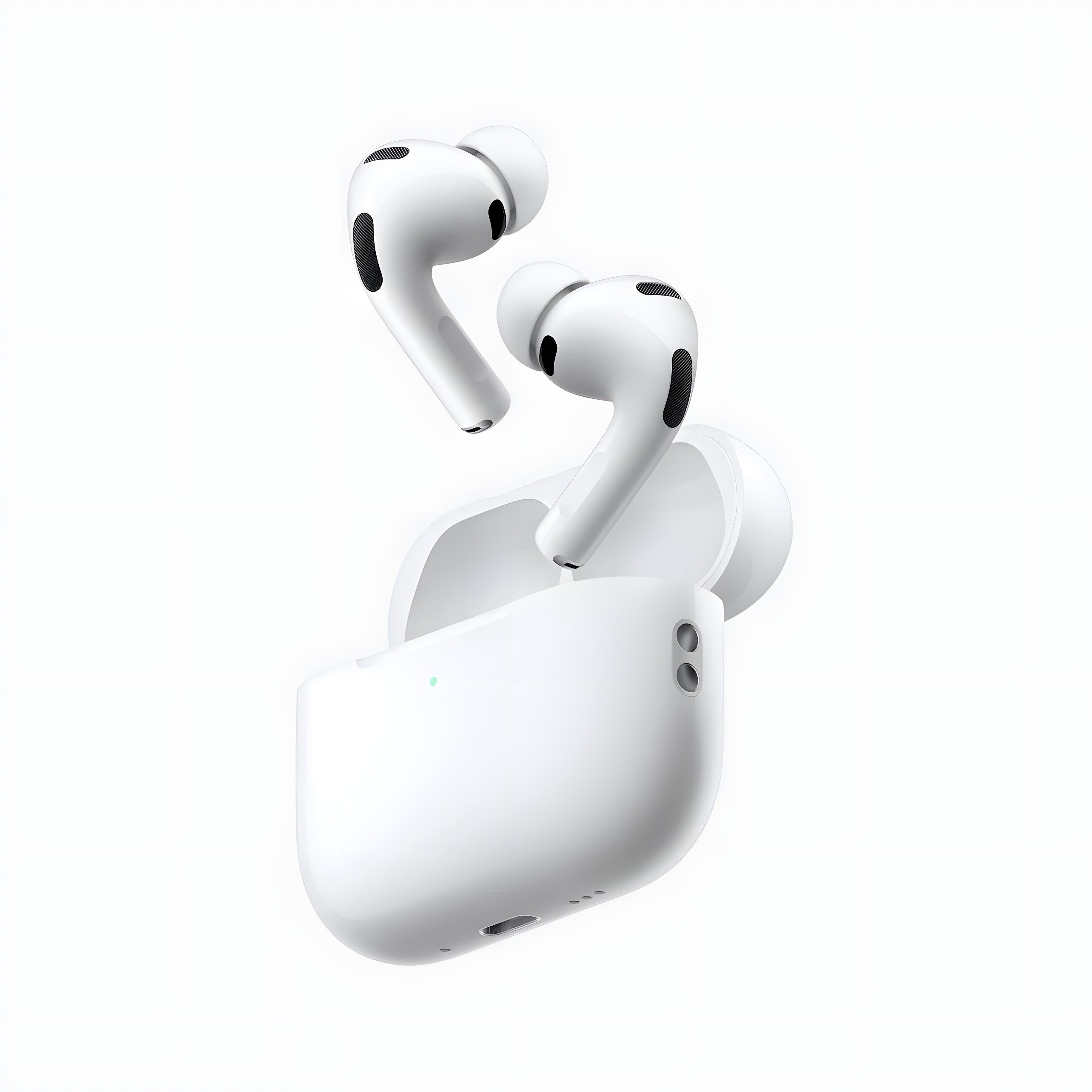 AirPods Pro 3 floating above case, dynamic angle