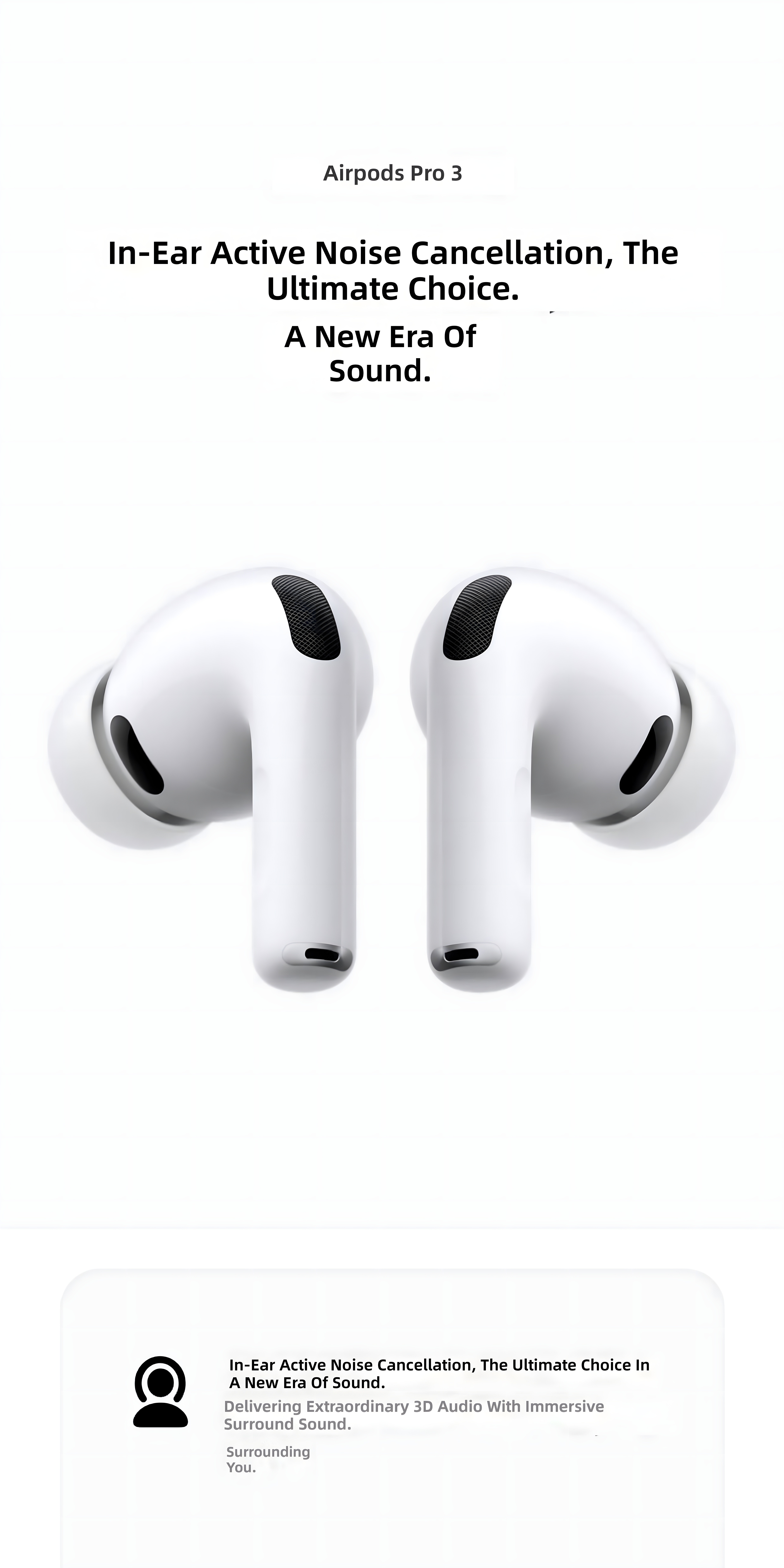 AirPods Pro 3 front-facing close-up with marketing text