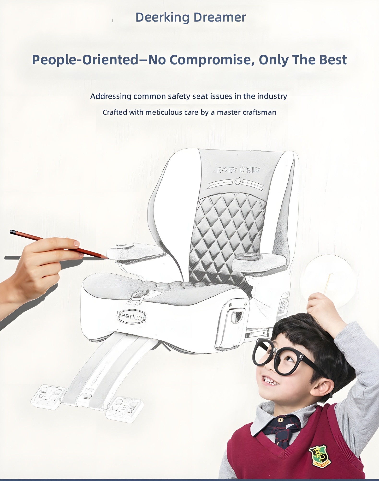 Sketch-style illustration of Deerking Dreamer car seat being drawn by hand, with a smiling child wearing glasses looking up at it