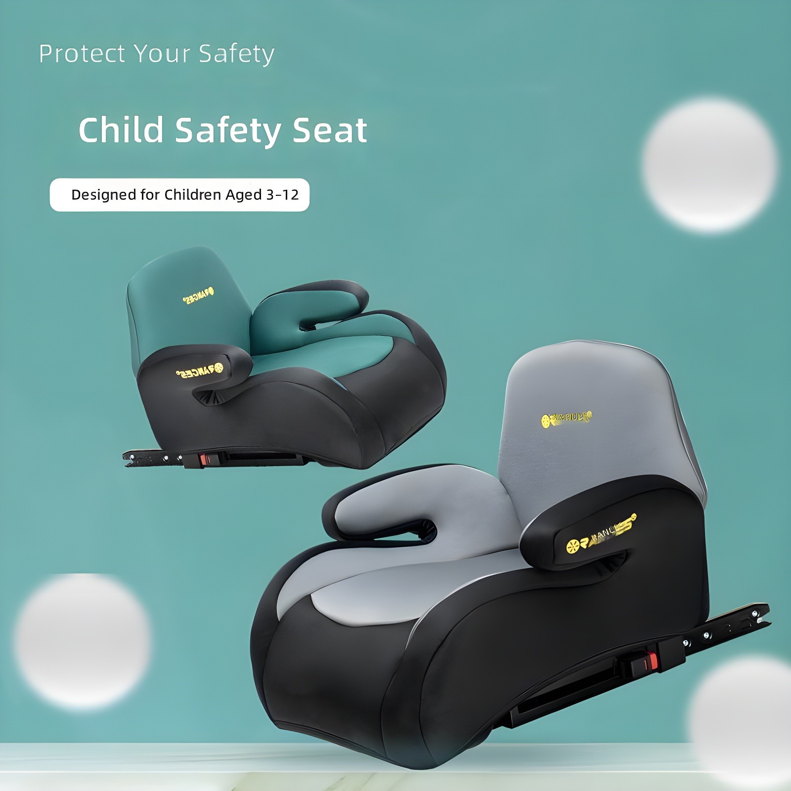 Two RANGES™ seats in teal and grey colorways, floating against teal background with 'Protect Your Safety' headline