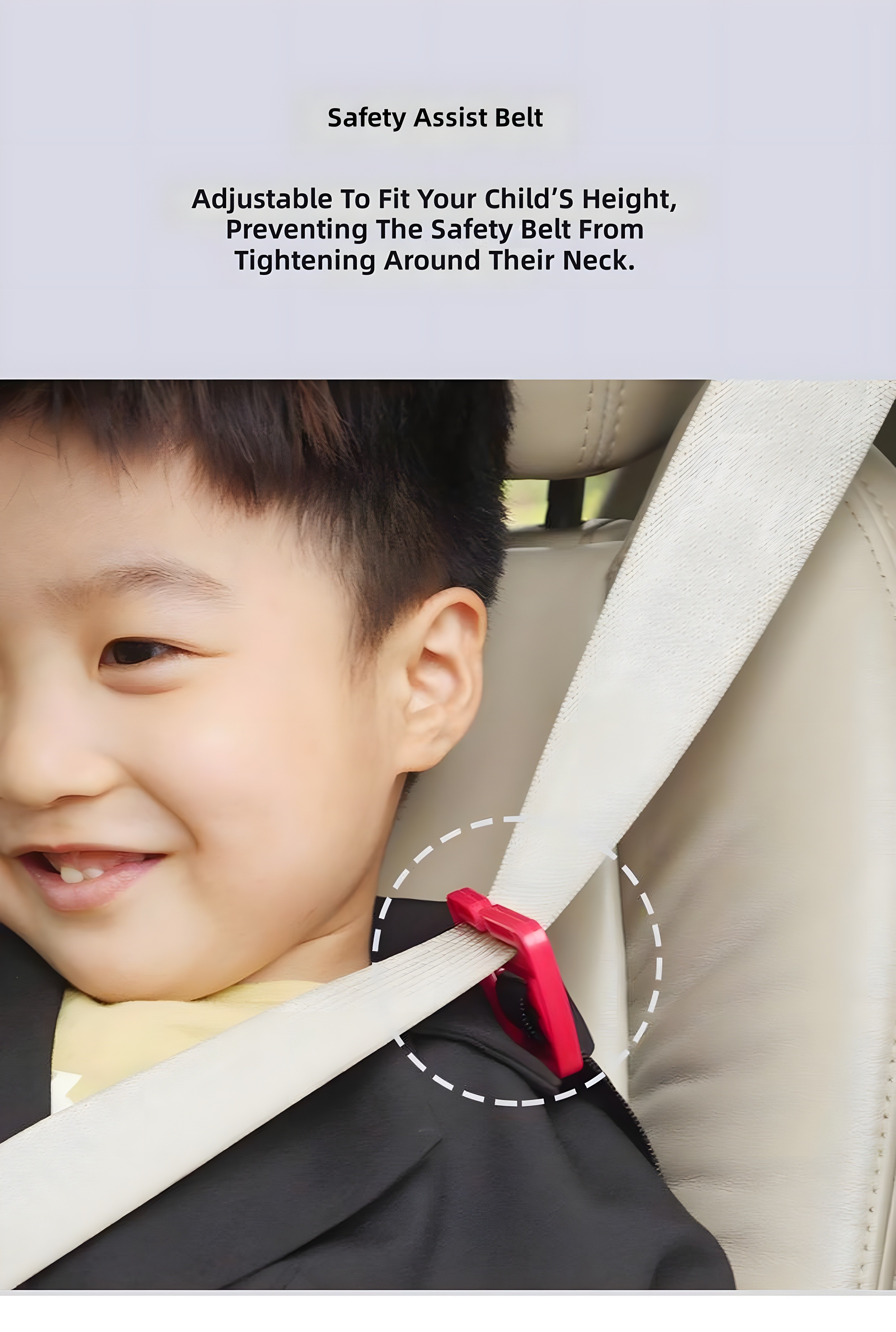 Close-up of child's neck and shoulder area showing the Safety Assist Belt adjustment mechanism