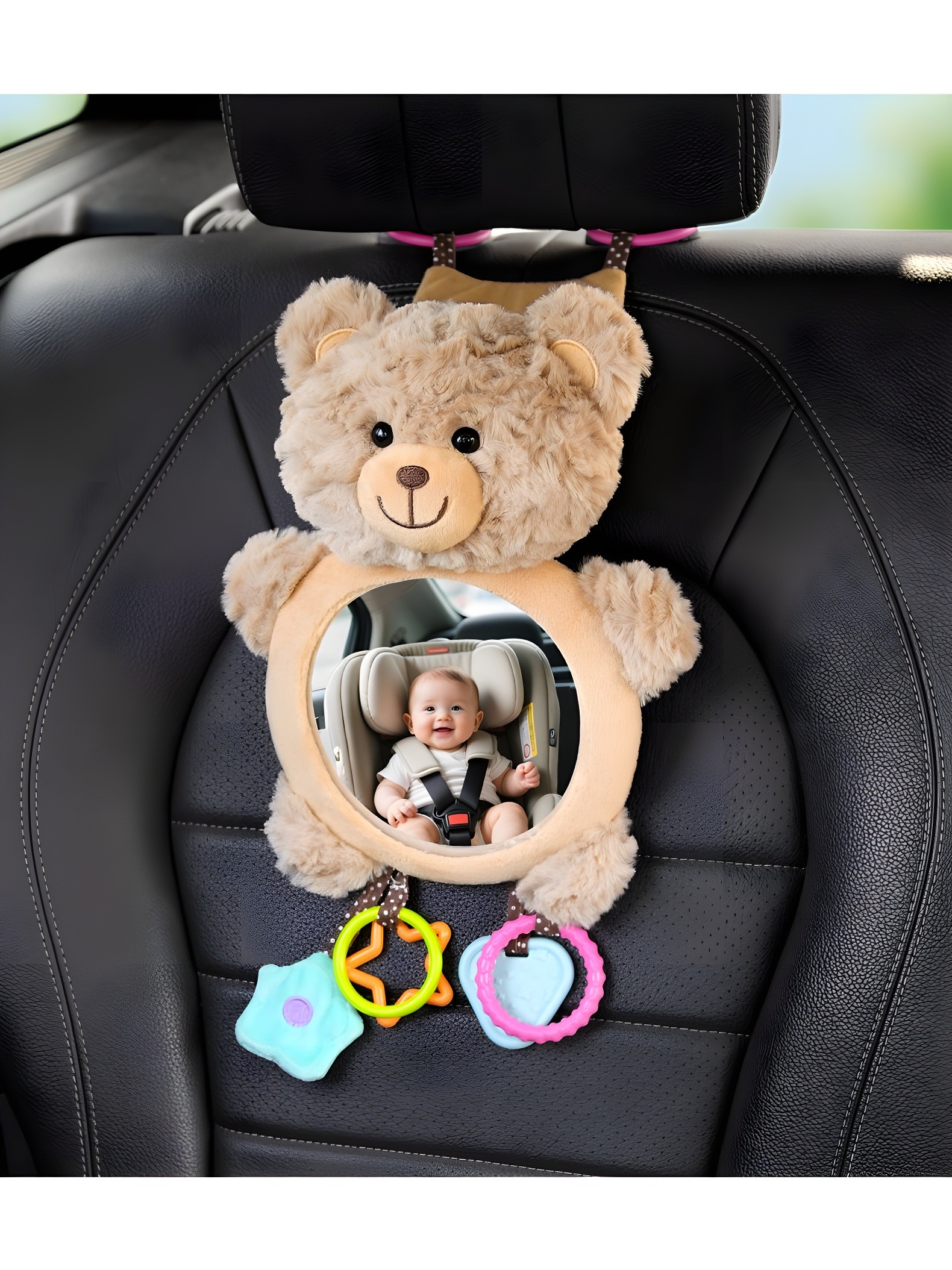 Same beige teddy bear mirror from slightly different angle, emphasizing hanging straps and dangling toys