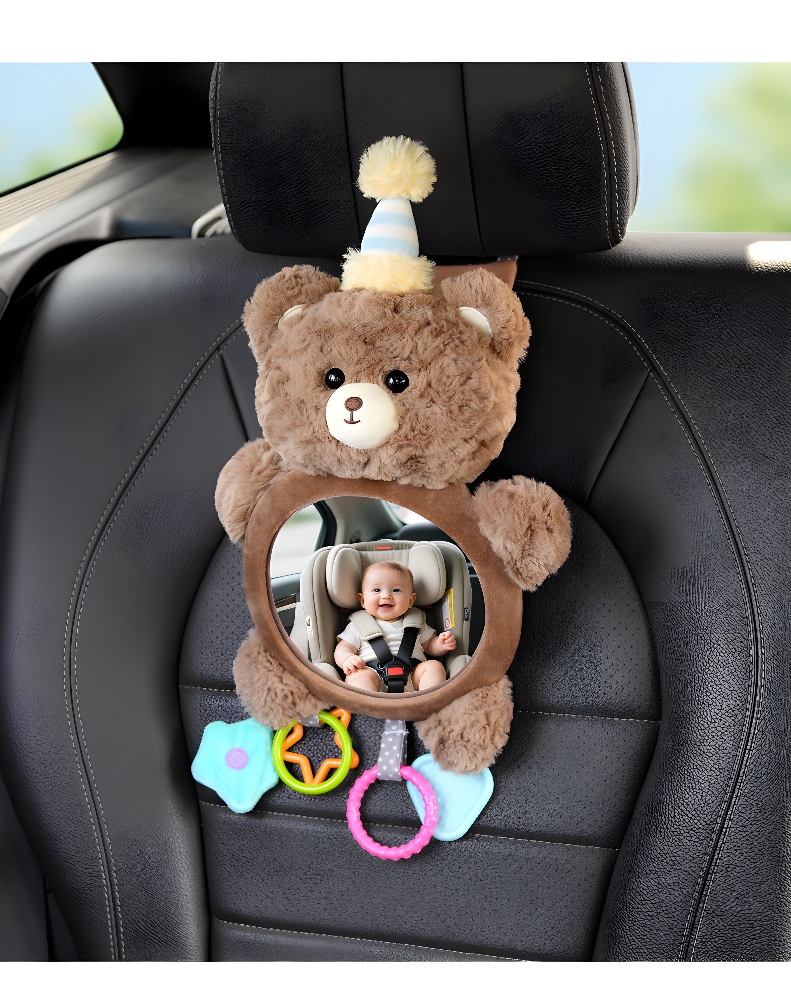 Another angle of the brown teddy bear mirror installed in car, showing full view including hanging toys and baby reflection