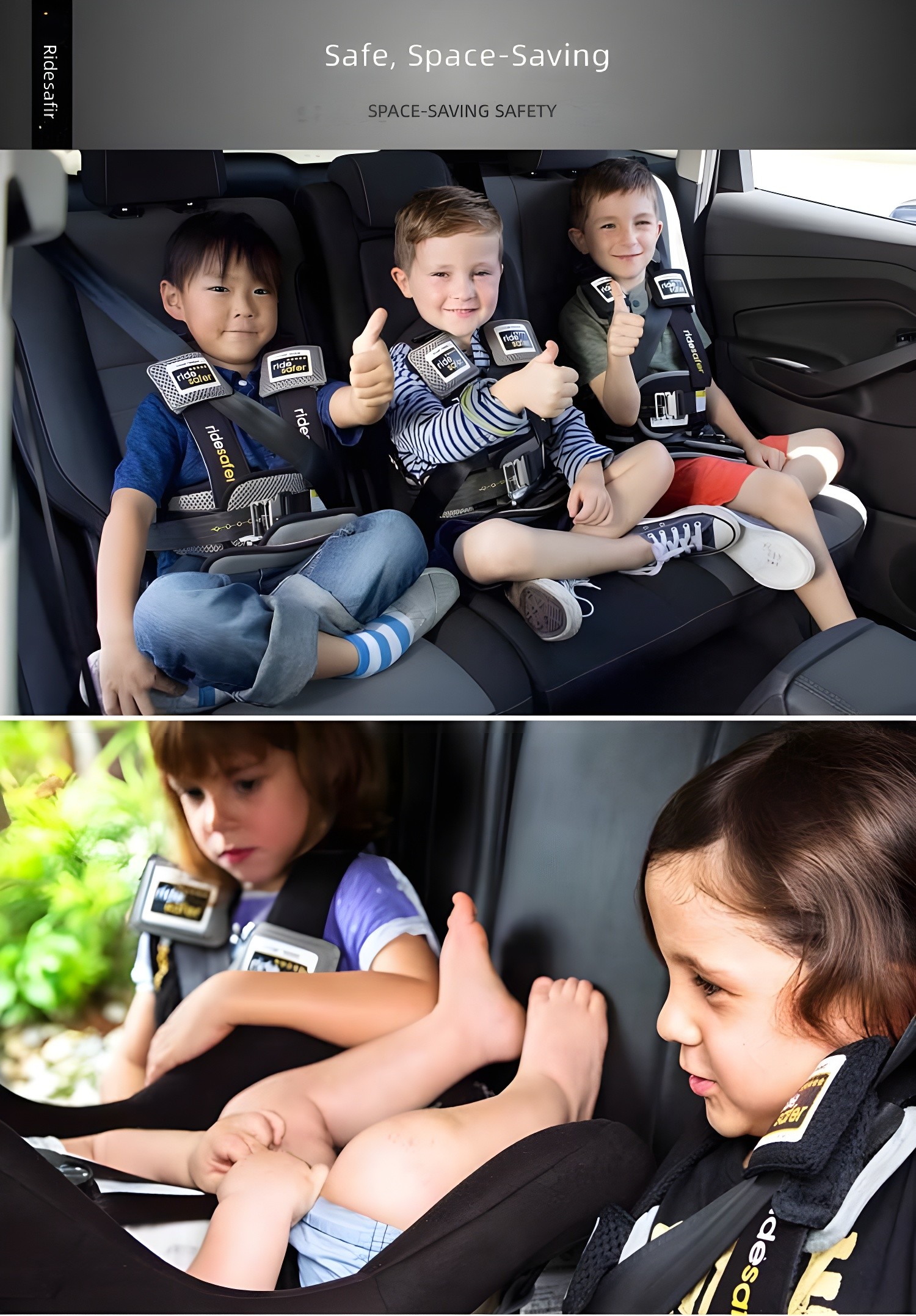 Three children seated side-by-side in a car using Ridesafer® Vests, demonstrating space-saving capability