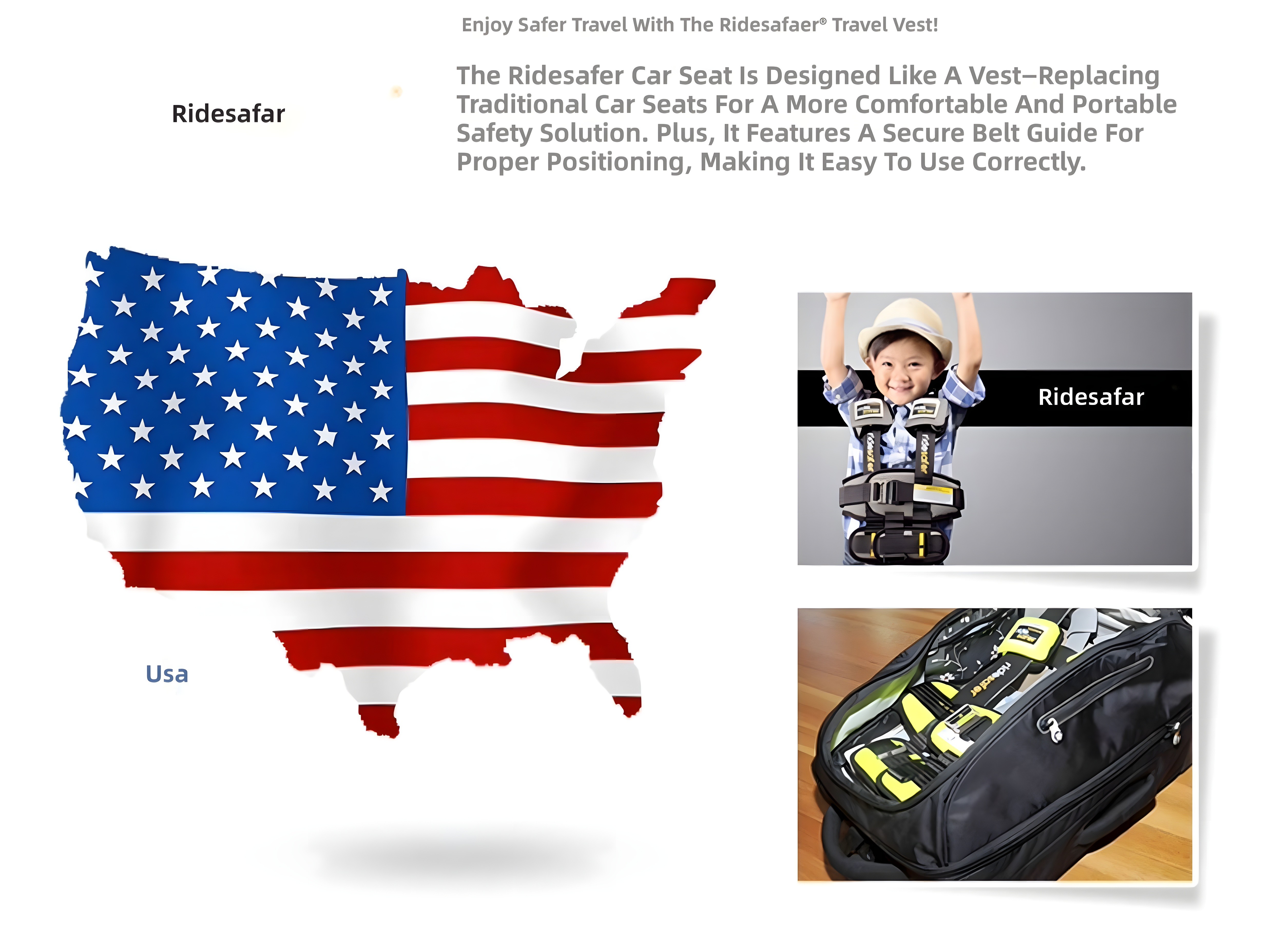 Ridesafer® branding with USA map and portable packaging illustration