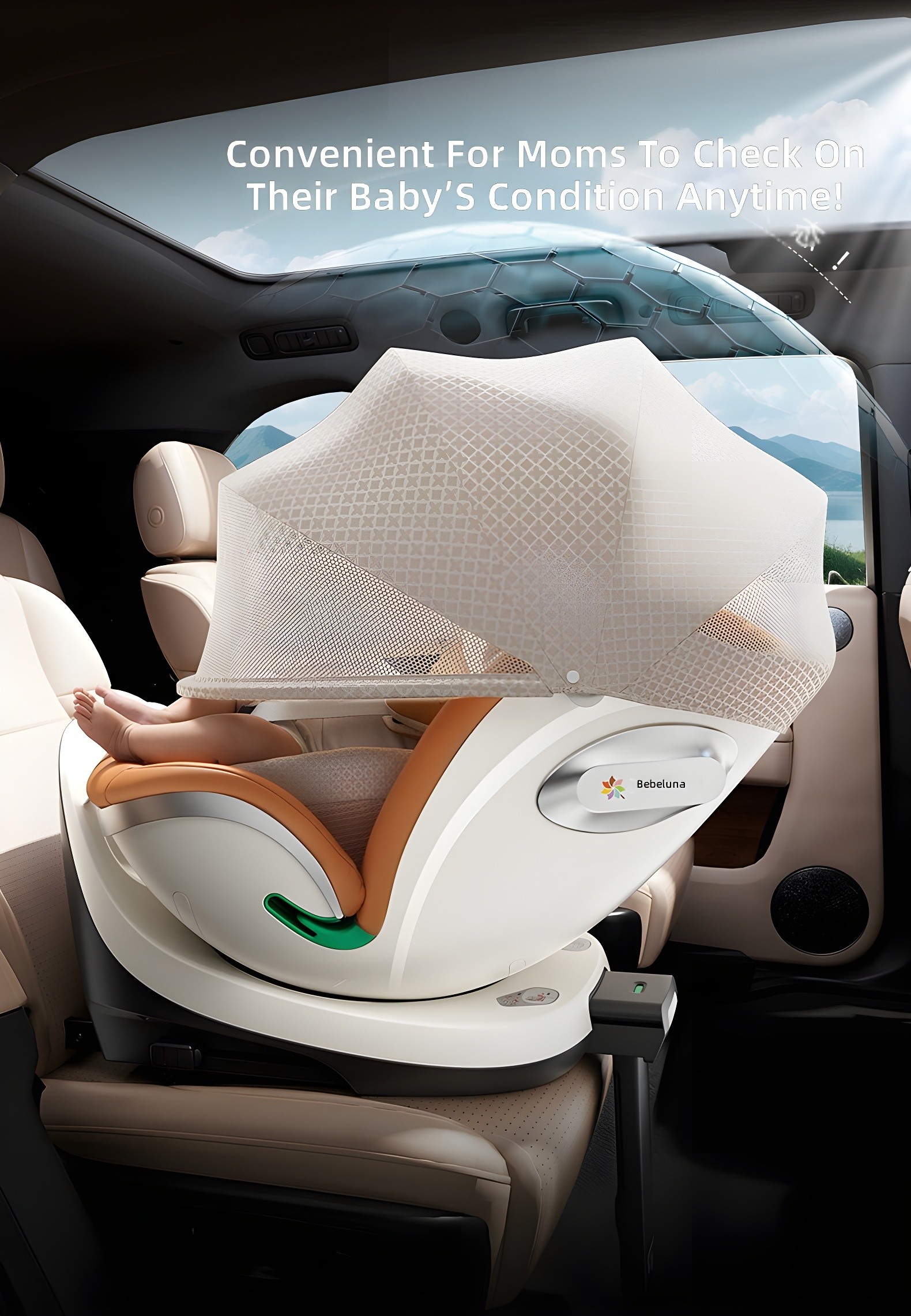 BebeMura installed in car with baby, featuring visual sunshade canopy for easy monitoring