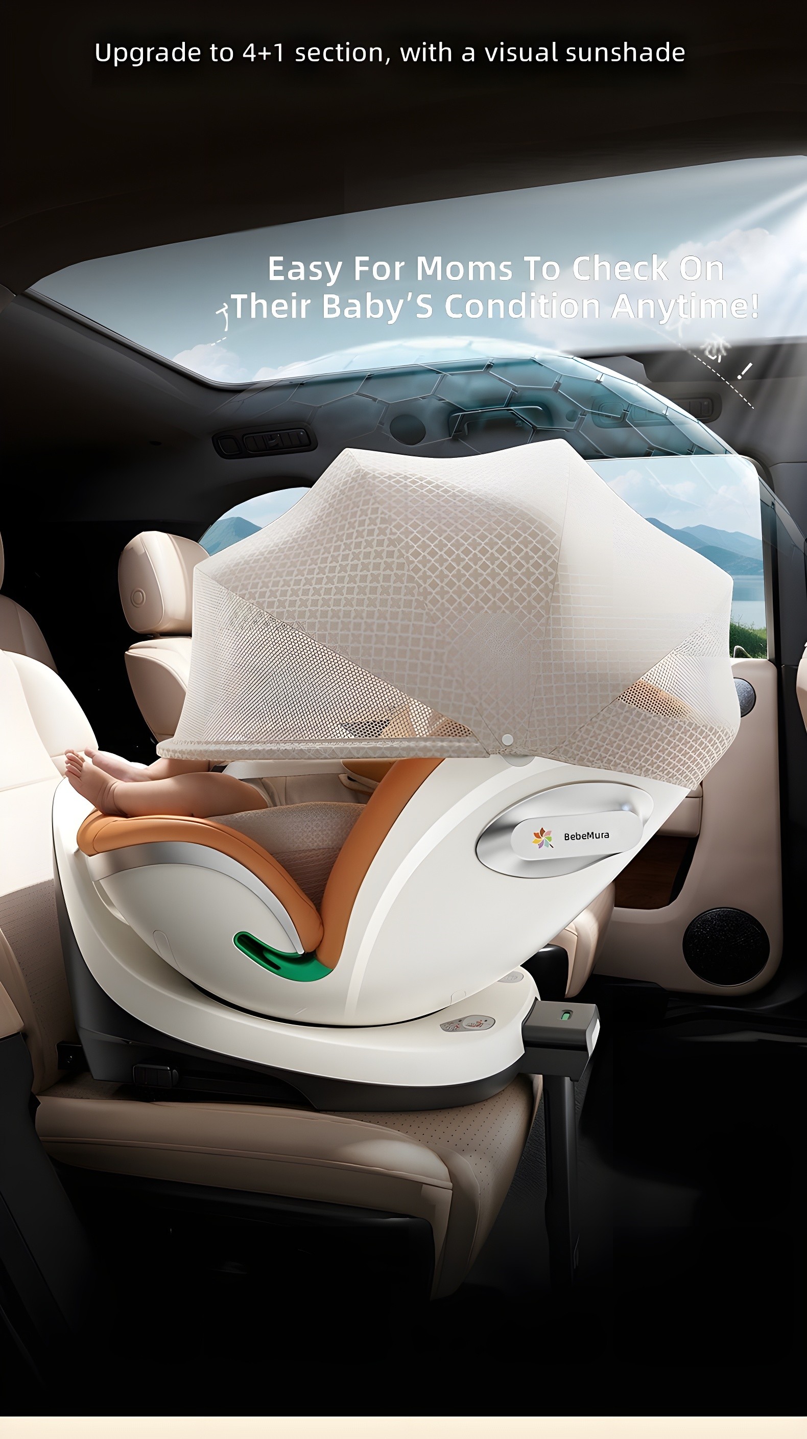 Close-up of BebeMura in car with visual sunshade deployed; text highlights '4+1 section upgrade'