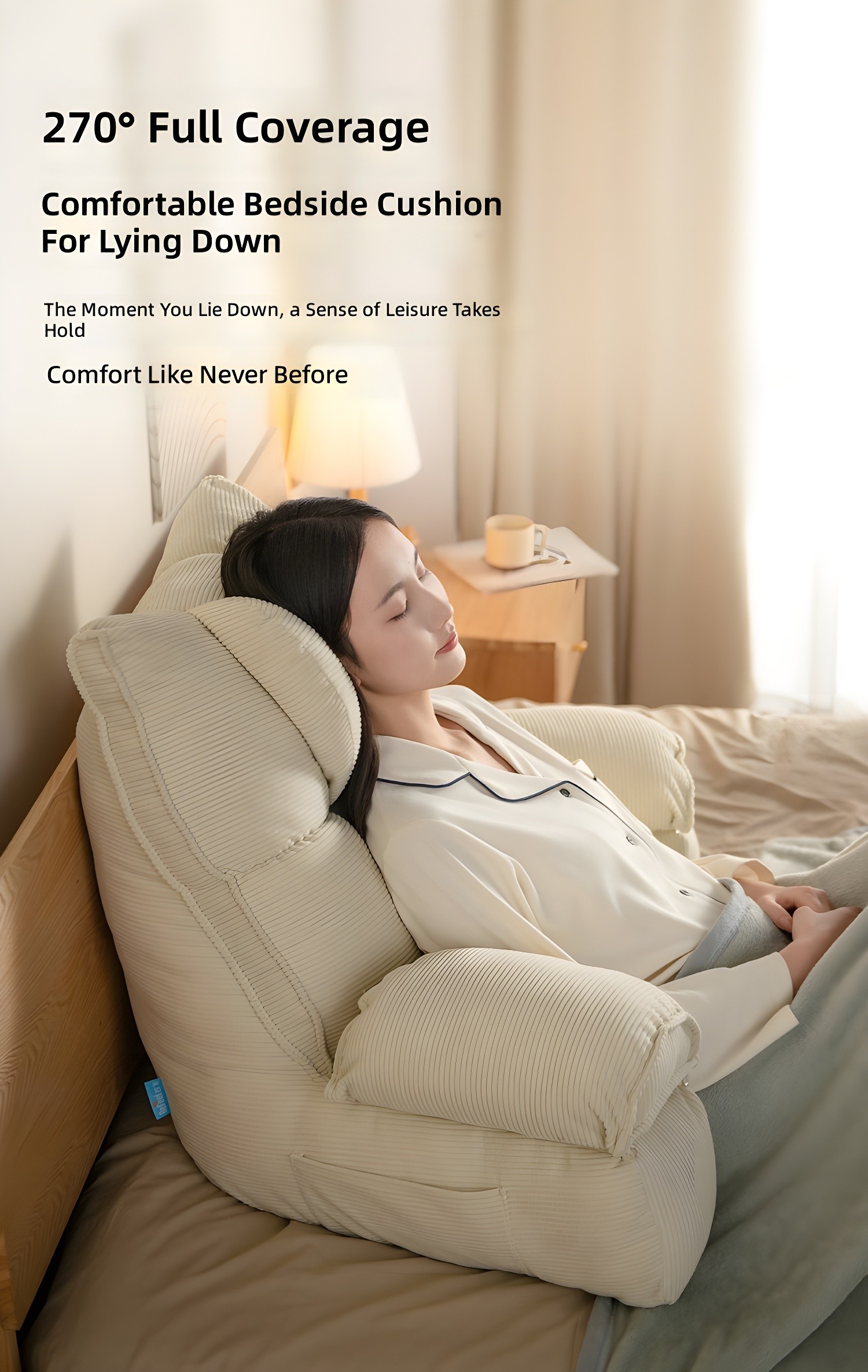 Beige RelaxFlow™ cushion in bedroom setting, reiterating 270° full coverage and comfortable lying-down experience