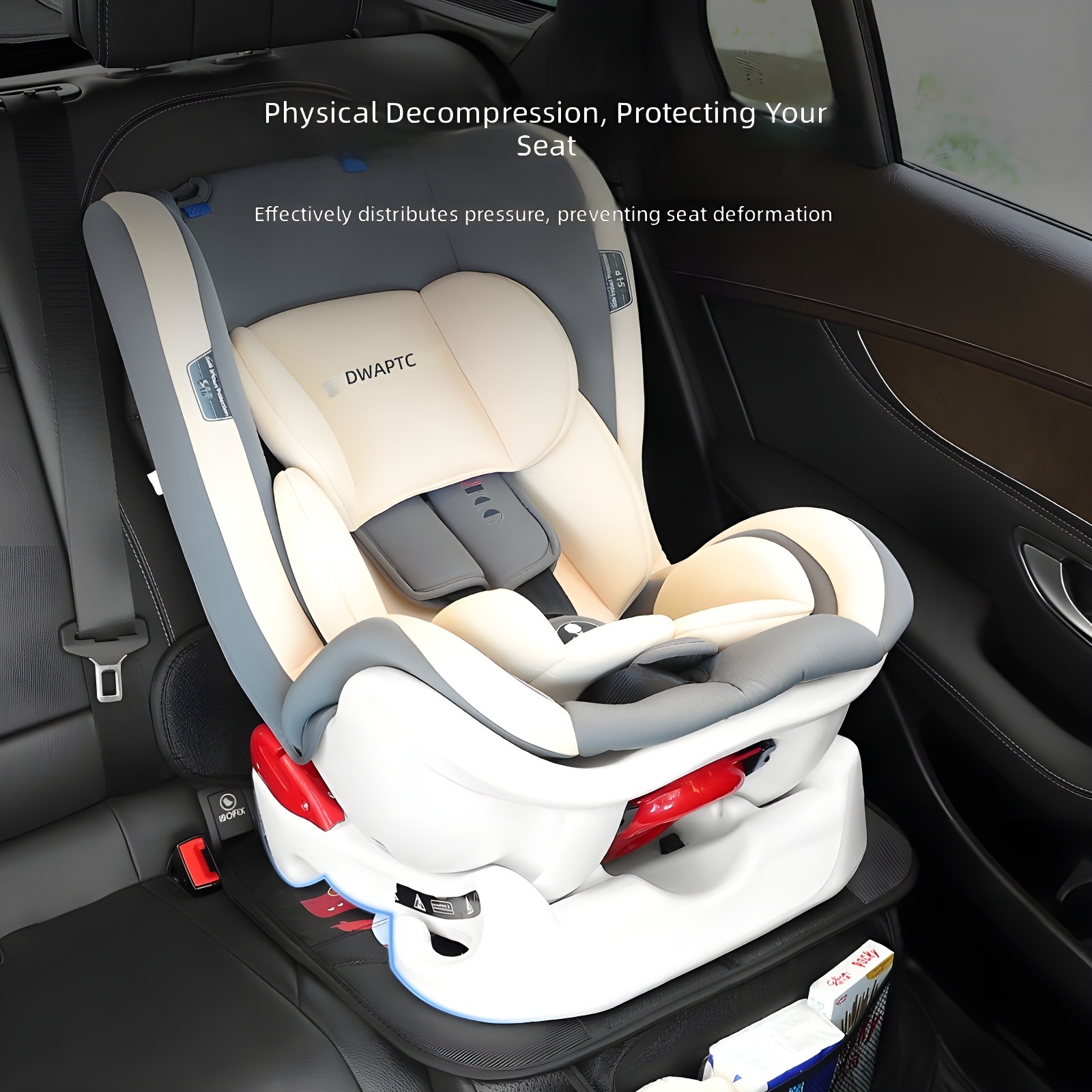 White and gray child car seat installed on the protector, demonstrating physical decompression and seat protection