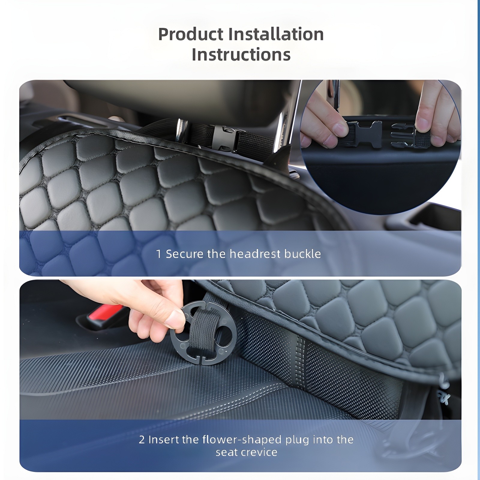 Installation instructions: securing headrest buckle and inserting flower-shaped plug into seat crevice