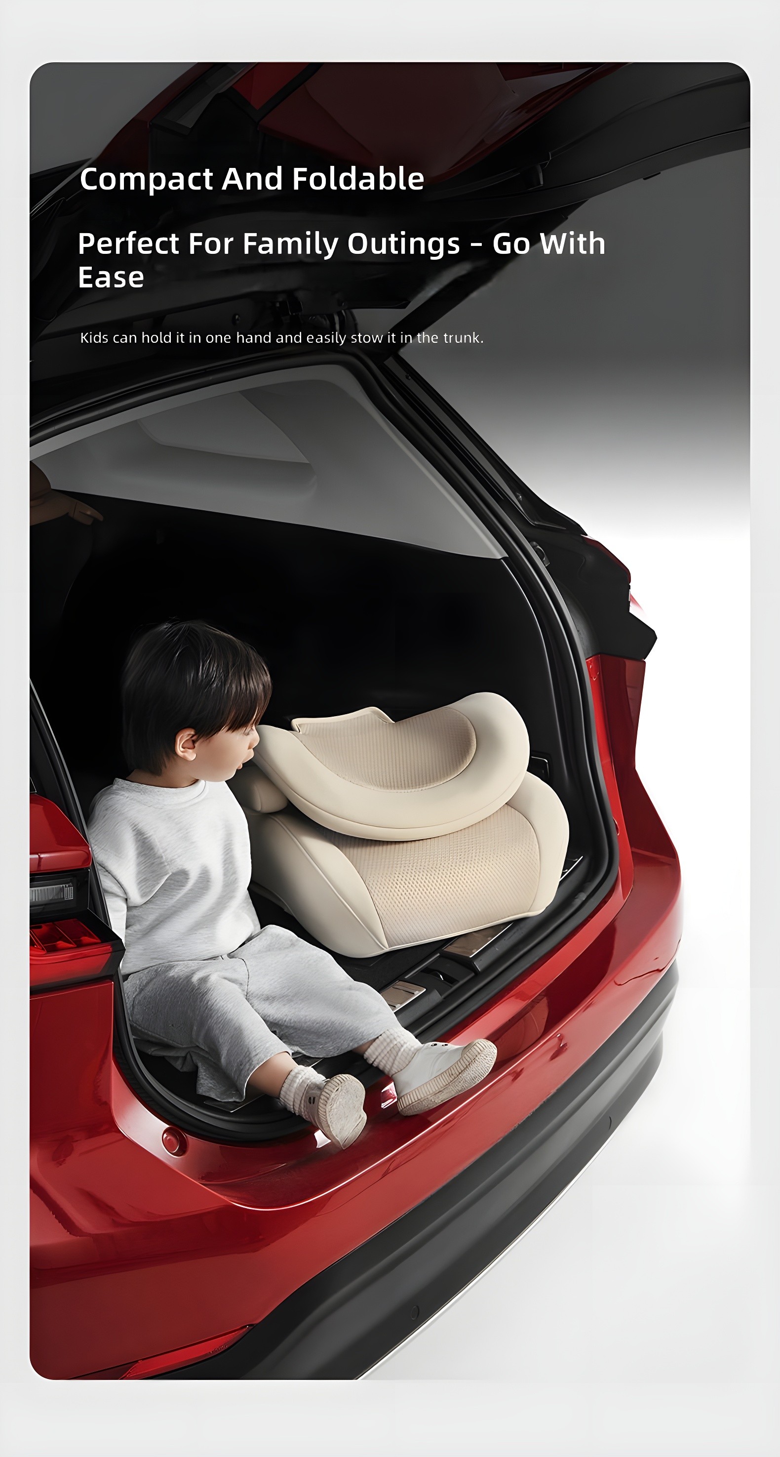 Child sitting in open trunk next to folded EKO BEBE 008X in creamy beige (color version)