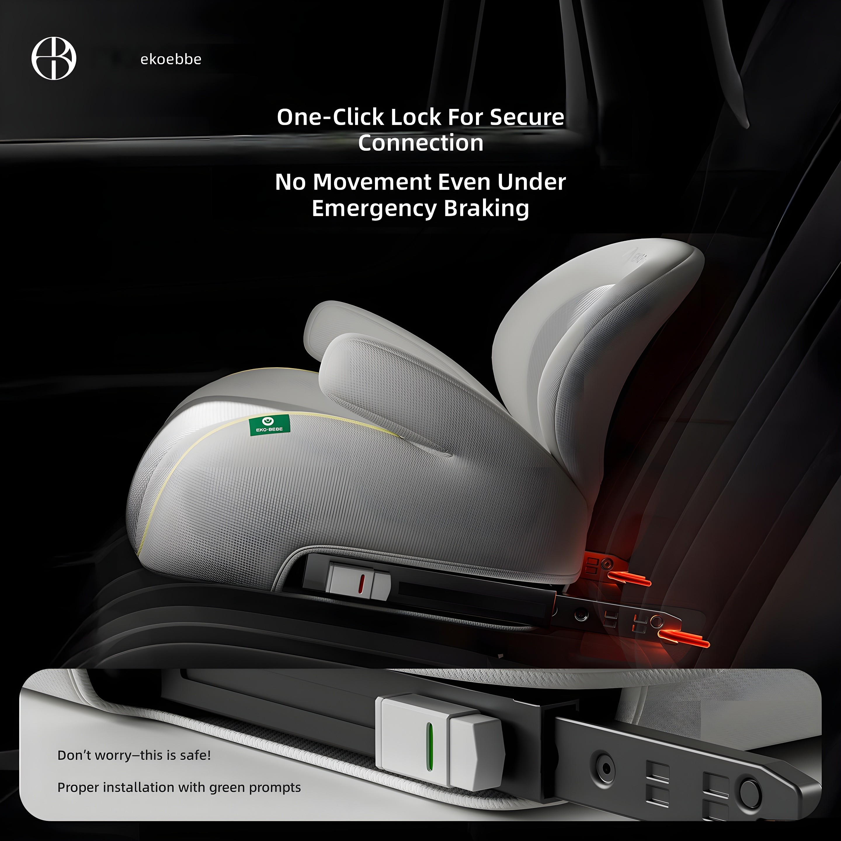 Close-up of ISOFIX installation with one-click lock mechanism and green safety prompts