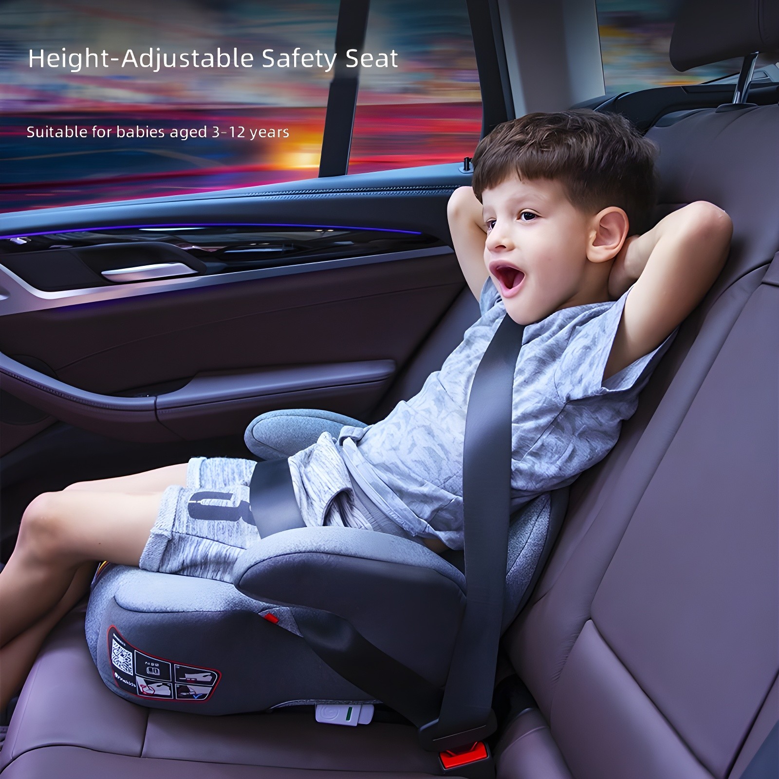 Child using Phoebe™ in car interior, secured with seatbelt, smiling joyfully