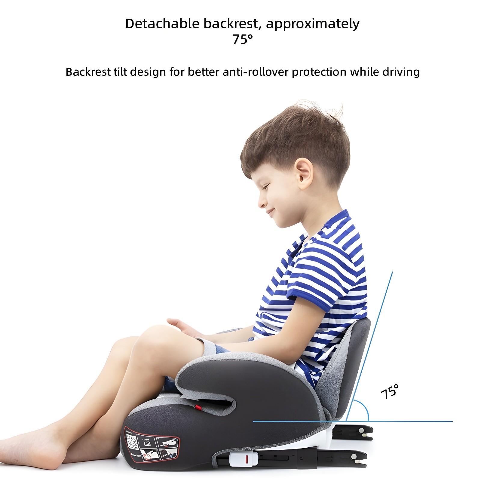 Side view of child in Phoebe™ with 75° backrest angle labeled