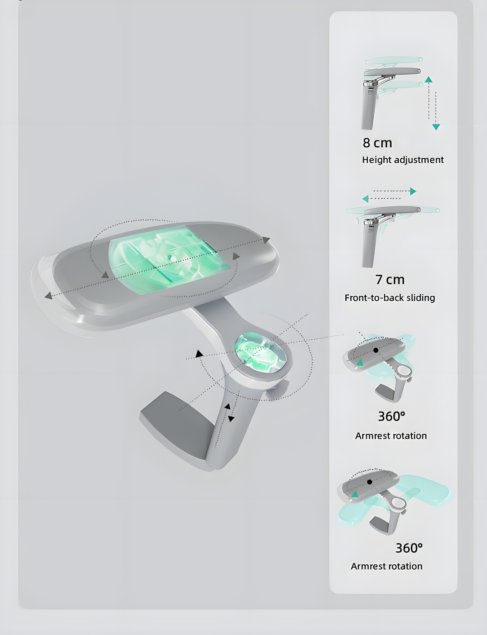 Armrest adjustment diagram: 8 cm height adjustment, 7 cm front-to-back sliding, 360° armrest rotation (x2)