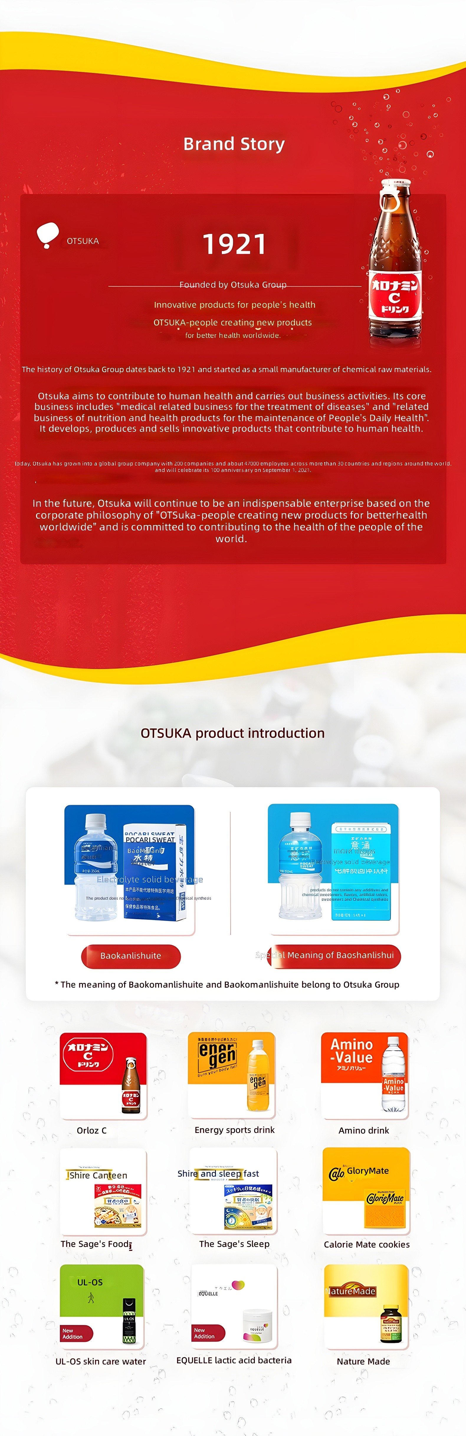 Otsuka Brand Story: Founded in 1921, OTSUKA product introduction including Orloz C, Energy sports drink, Amino drink, etc.