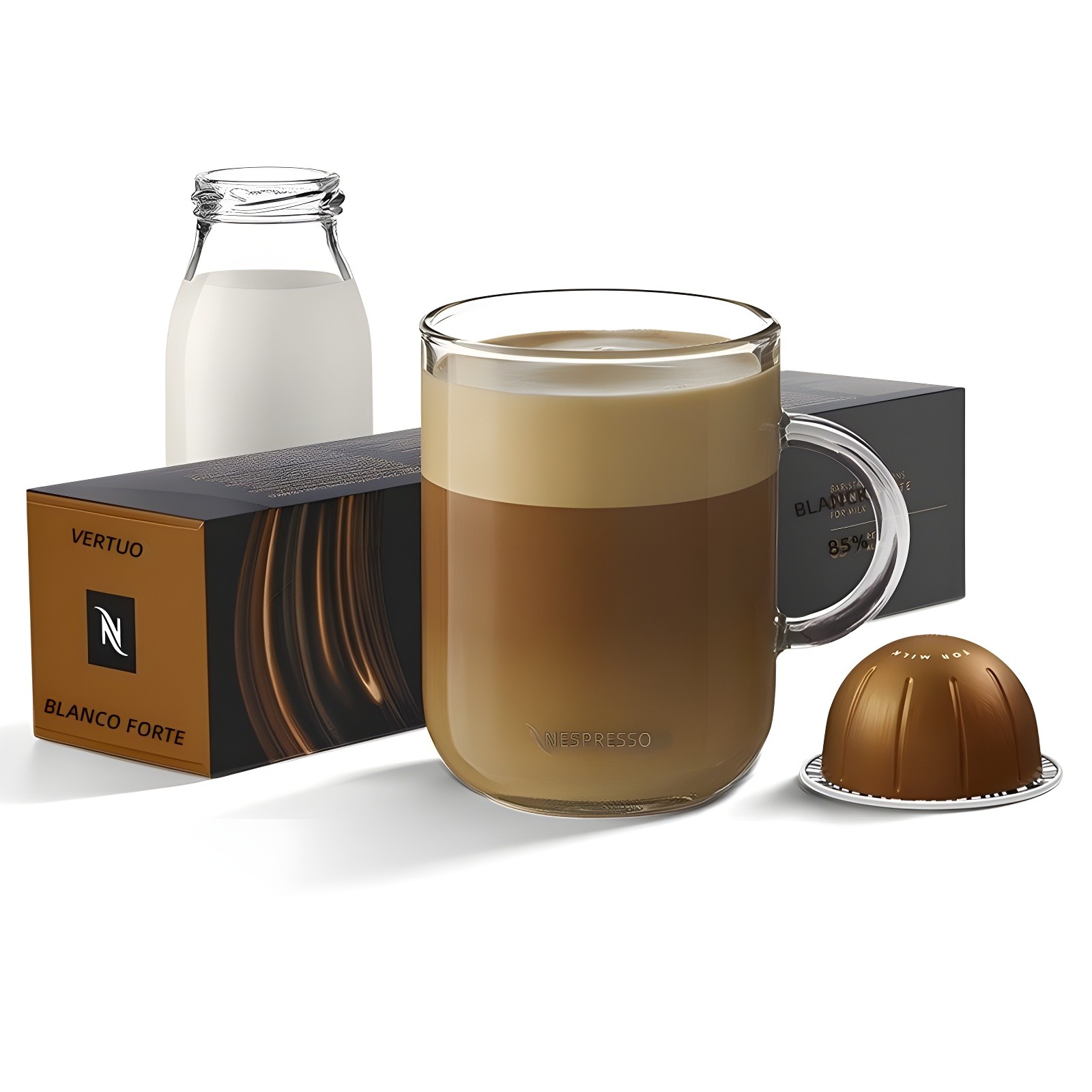 Vertuo Golden Caramel flavored capsule box with espresso in glass mug