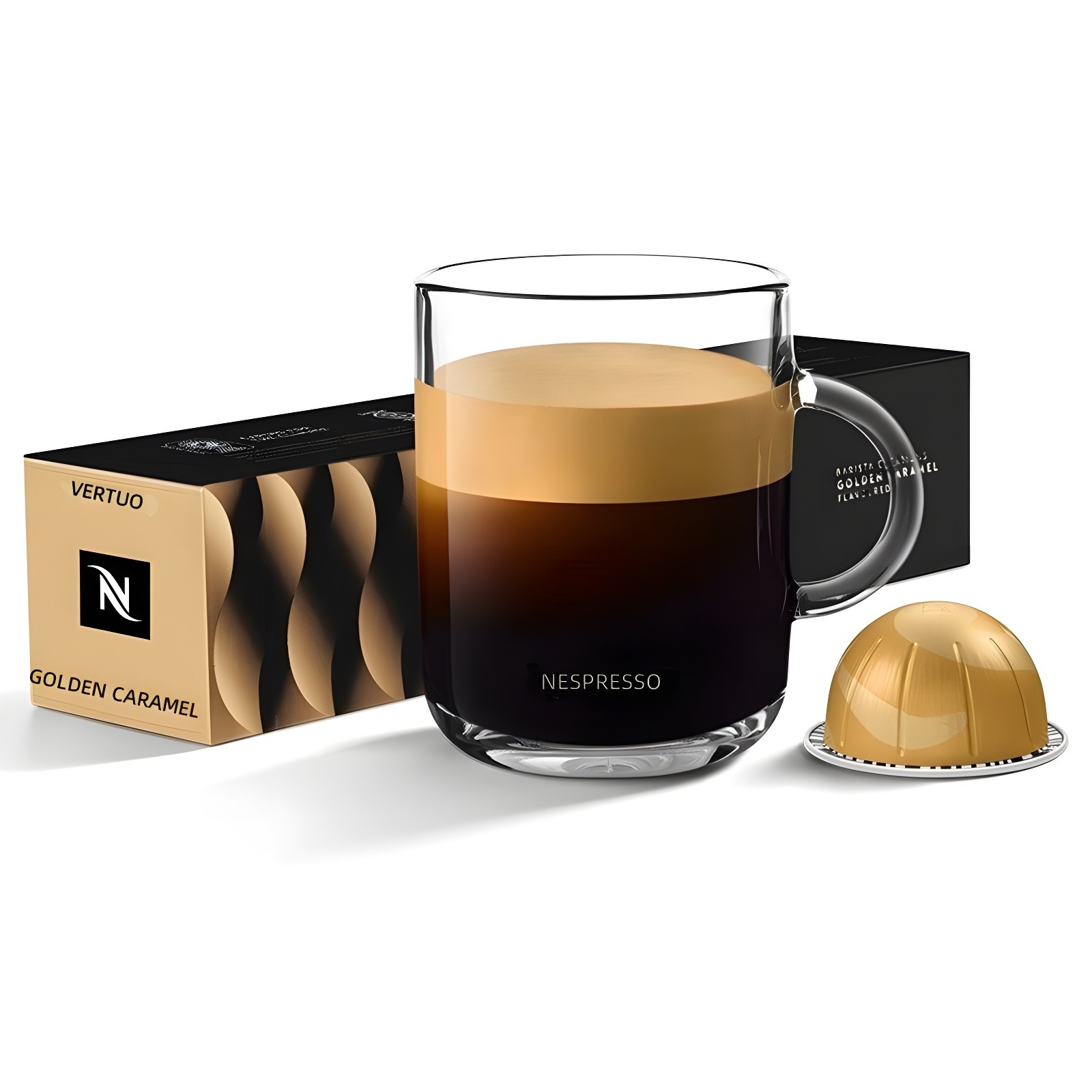 Nespresso Vertuo machine on kitchen counter with lemons and capsules (alternate angle)