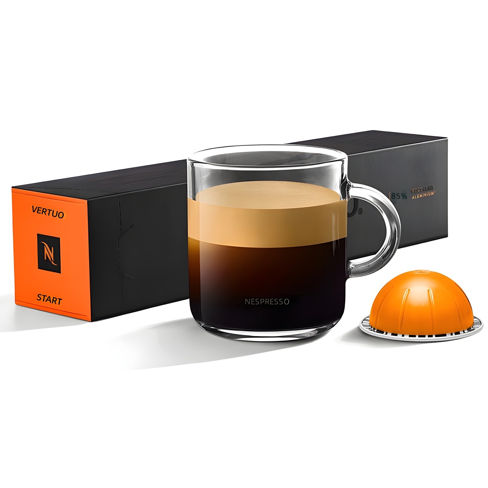 Nespresso Vertuo START capsule box with glass mug of espresso and orange capsule