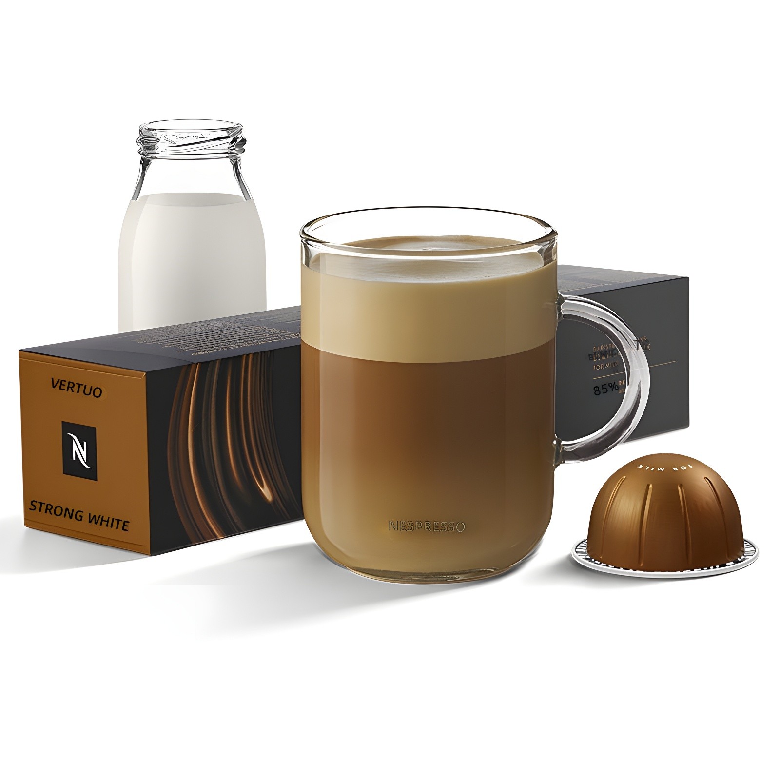 Nespresso Vertuo STRONG WHITE capsule box with glass mug of latte, milk bottle, and brown capsule