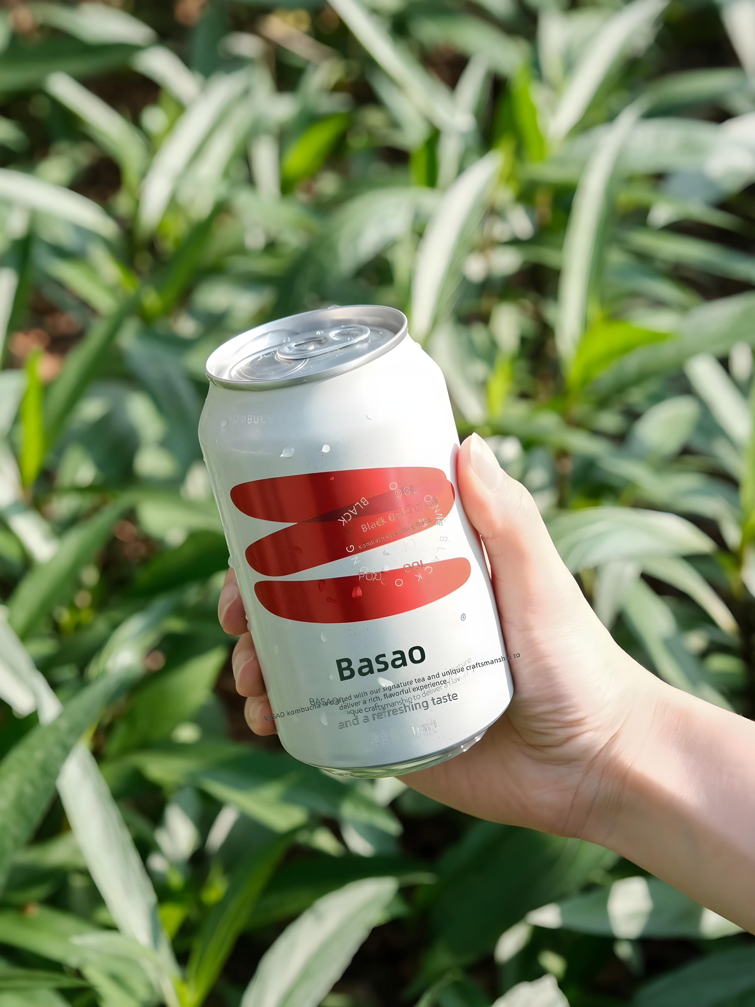 Hand holding a BASAO can against green foliage