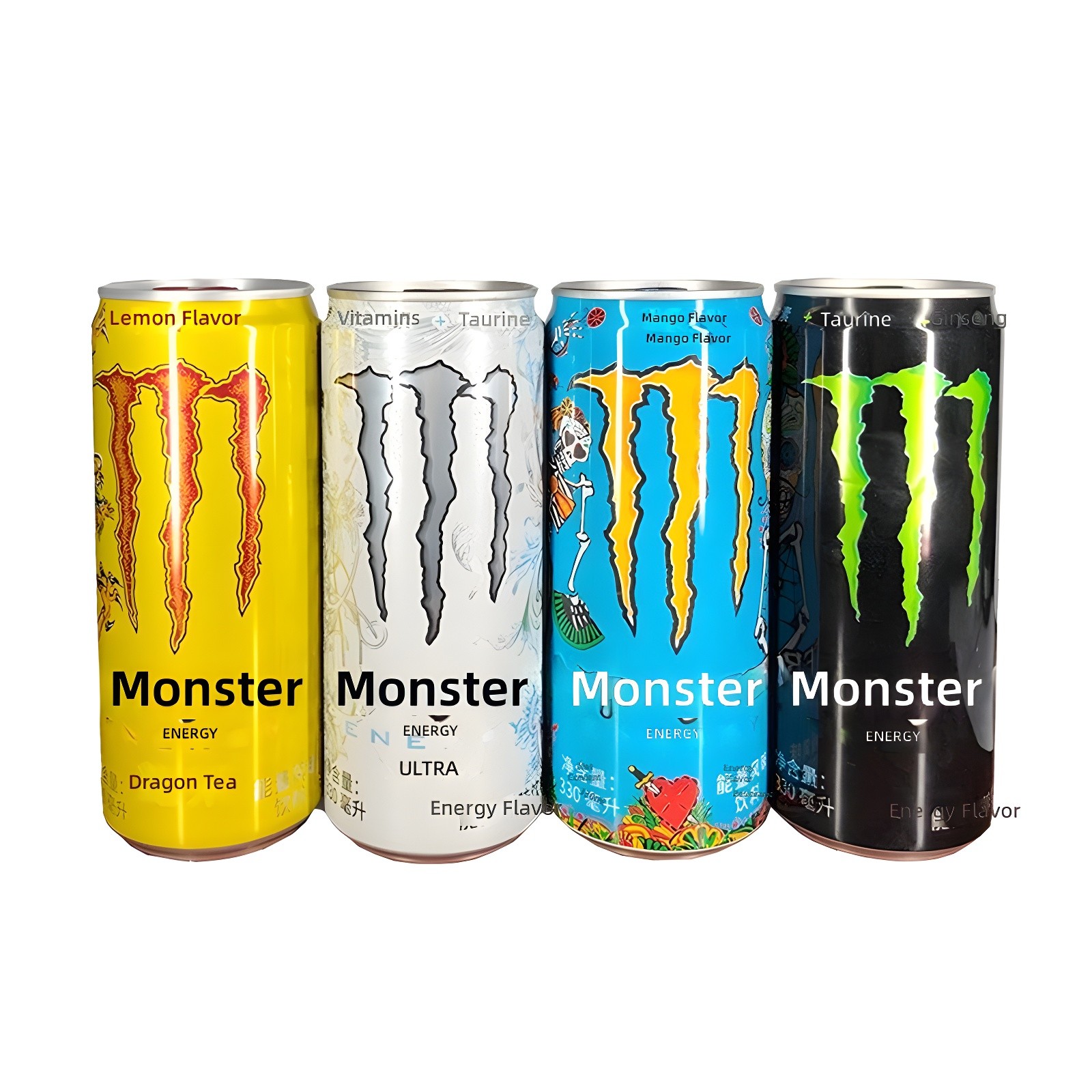 Four Monster Energy variants: Lemon Dragon Tea, Ultra, Mango, and Original Black