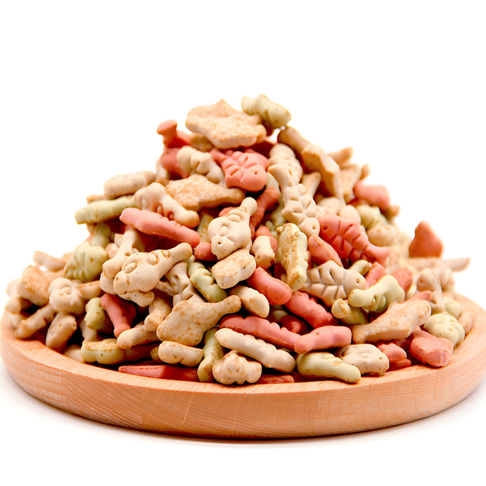 Fish-shaped treats piled on a wooden serving plate