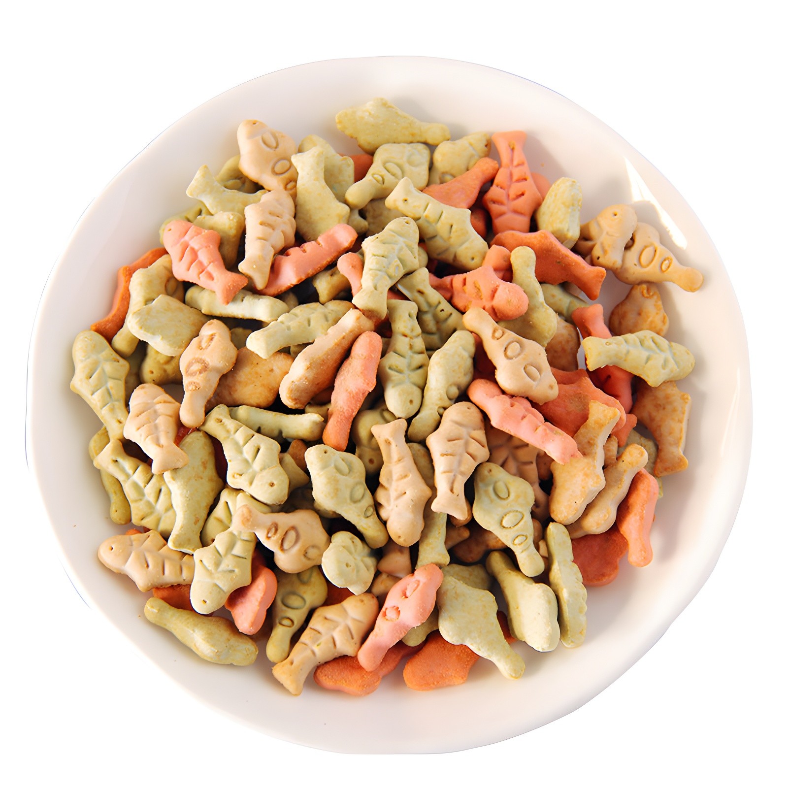 Fish-shaped treats served in a white ceramic bowl