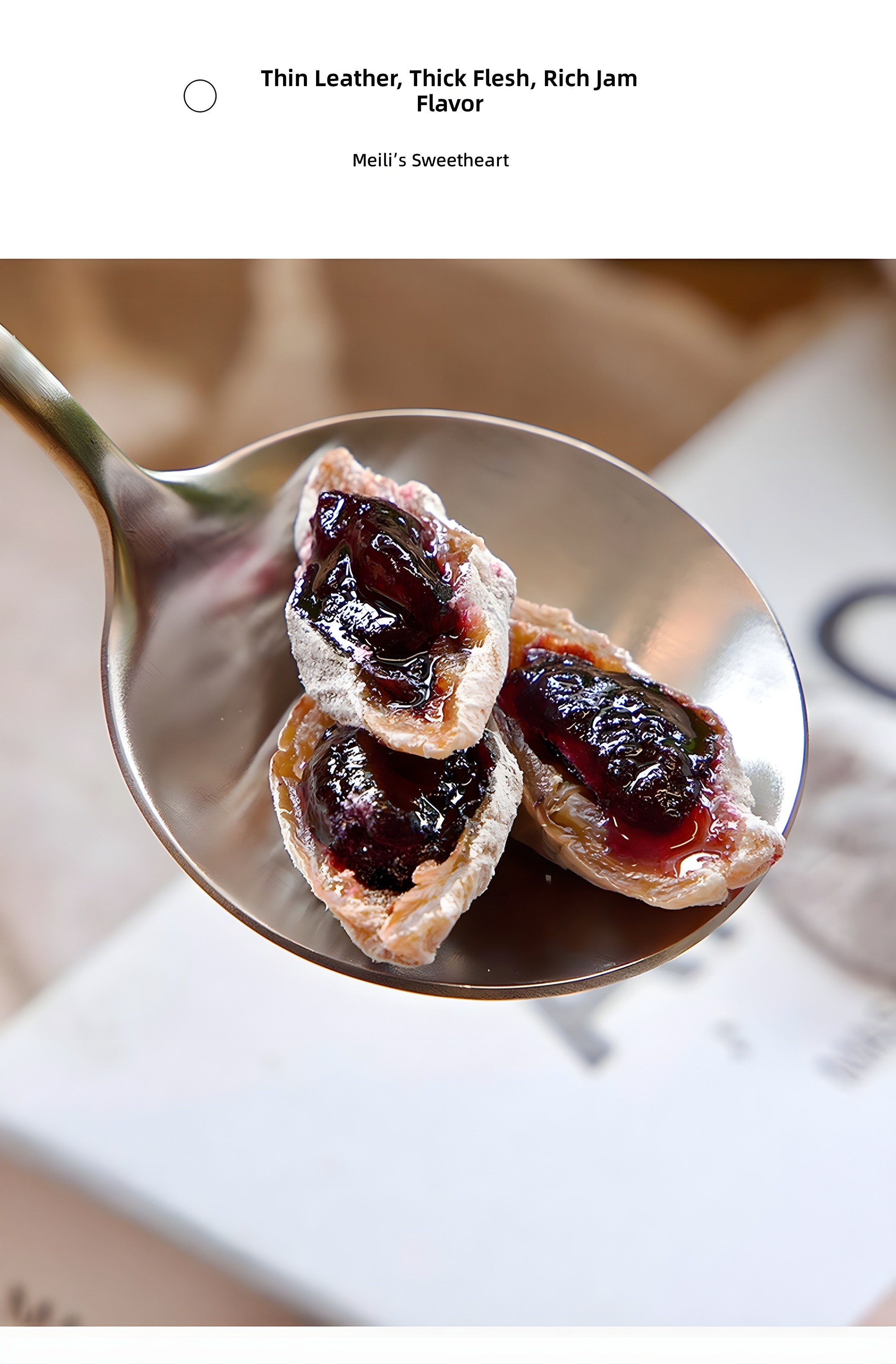Black-and-white close-up: three halved Qingmei Hug Bok Choy pieces resting on a spoon, showcasing the glossy dark jam filling against the pale, powdery exterior.