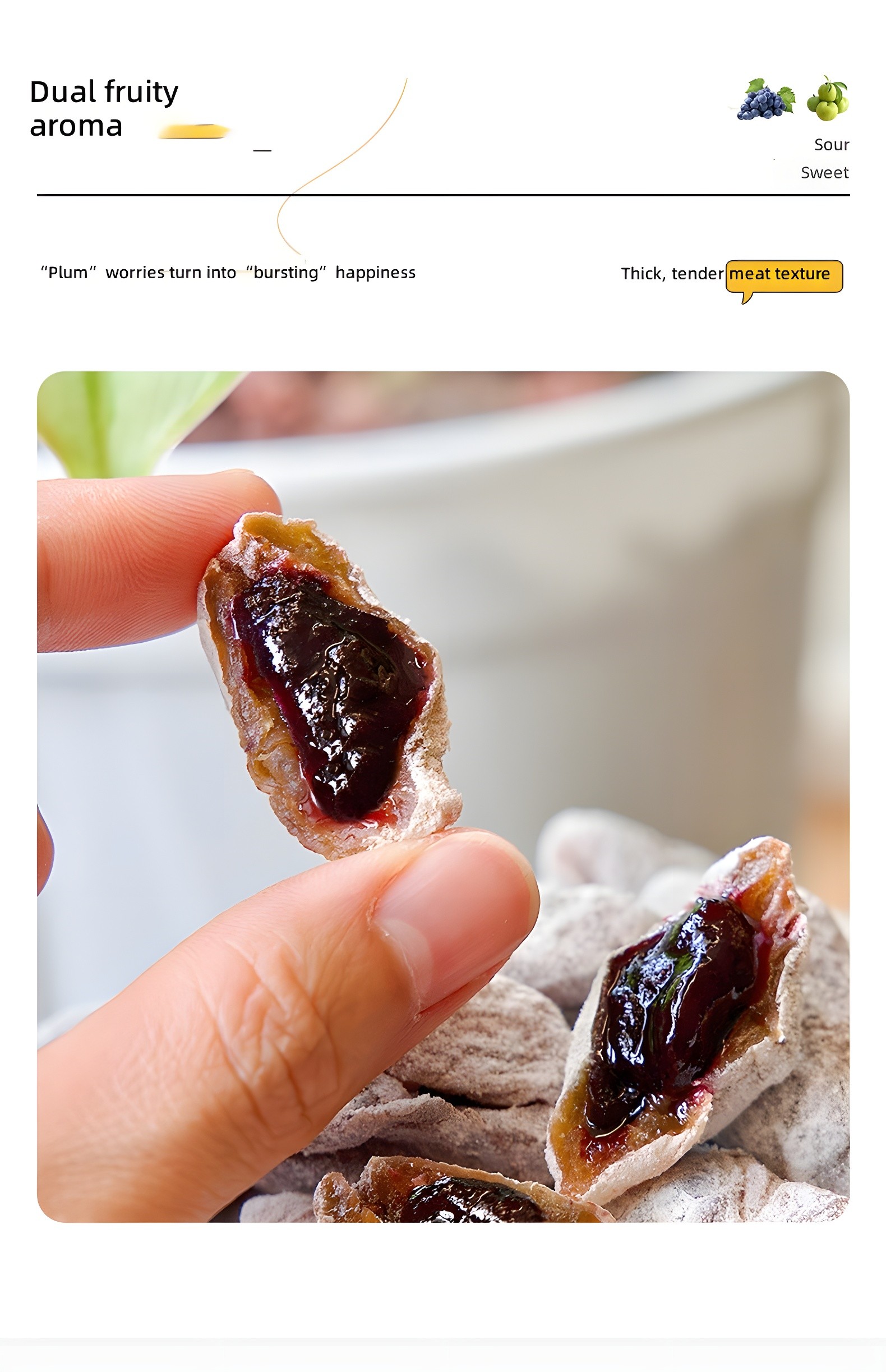 Color close-up: fingers holding a halved piece of Qingmei Hug Bok Choy, highlighting the rich, glistening jam center and the tender, thick flesh. Text overlay reads 'Dual fruity aroma', 'Sour | Sweet', and 'Thick, tender meat texture'.