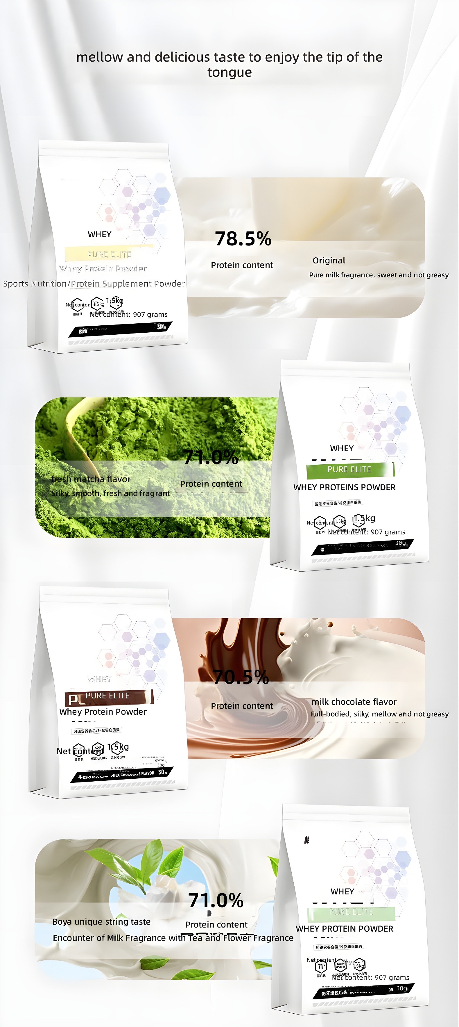 Flavor showcase: Original (78.5% protein), Fresh Matcha (71.0%), Milk Chocolate (70.5%), and Boya Tea-Flower (71.0%) with visual texture descriptions