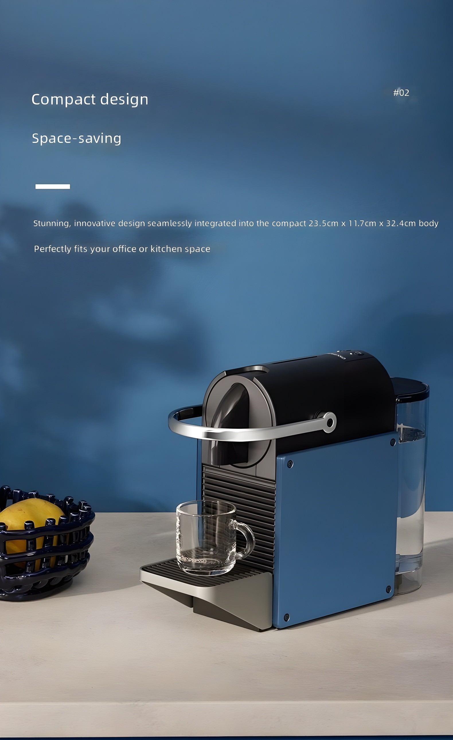 Blue Nespresso Pixie with compact design specs highlighted against blue background