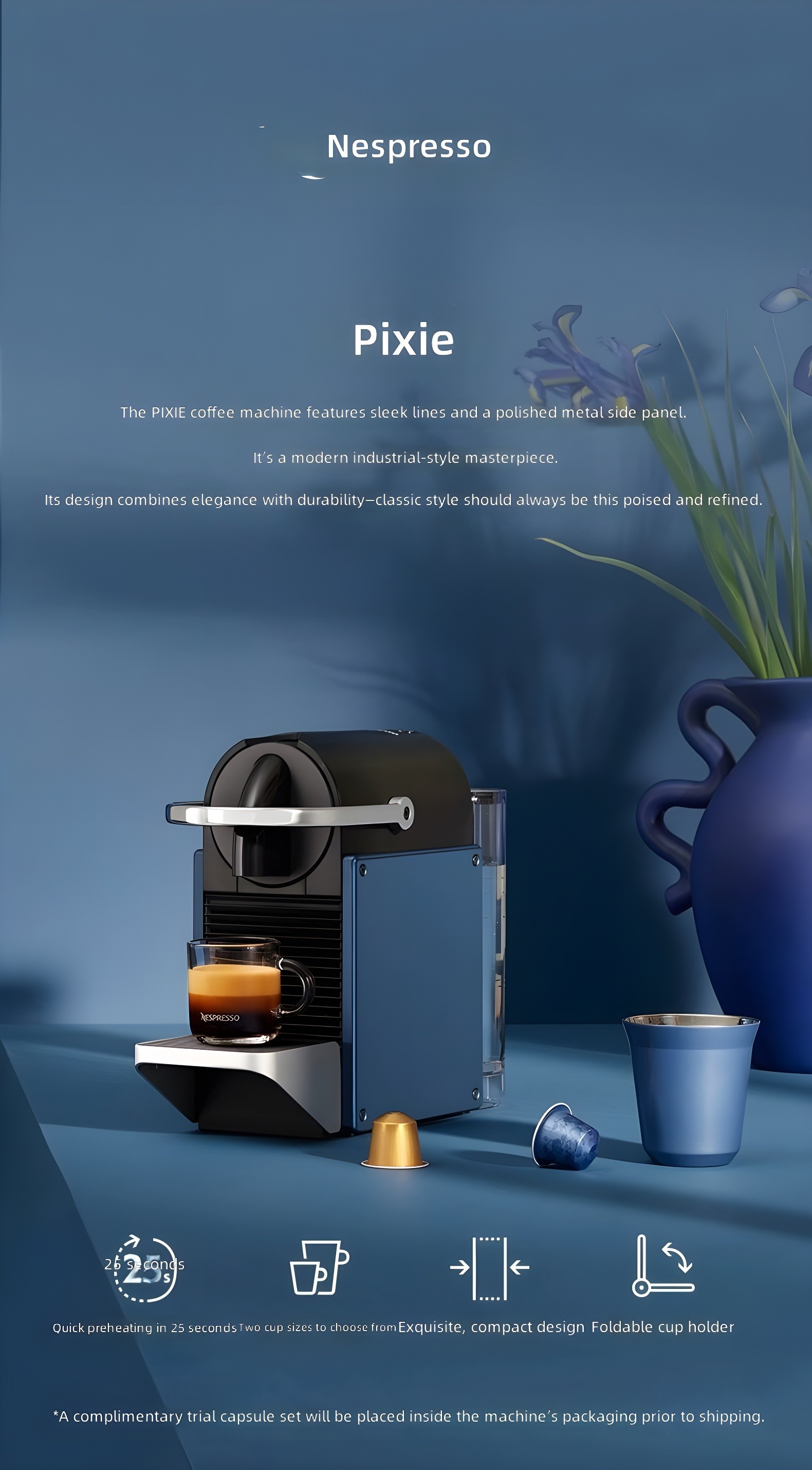 Nespresso Pixie in blue with feature icons: 25s preheat, two cup sizes, compact design, foldable cup holder
