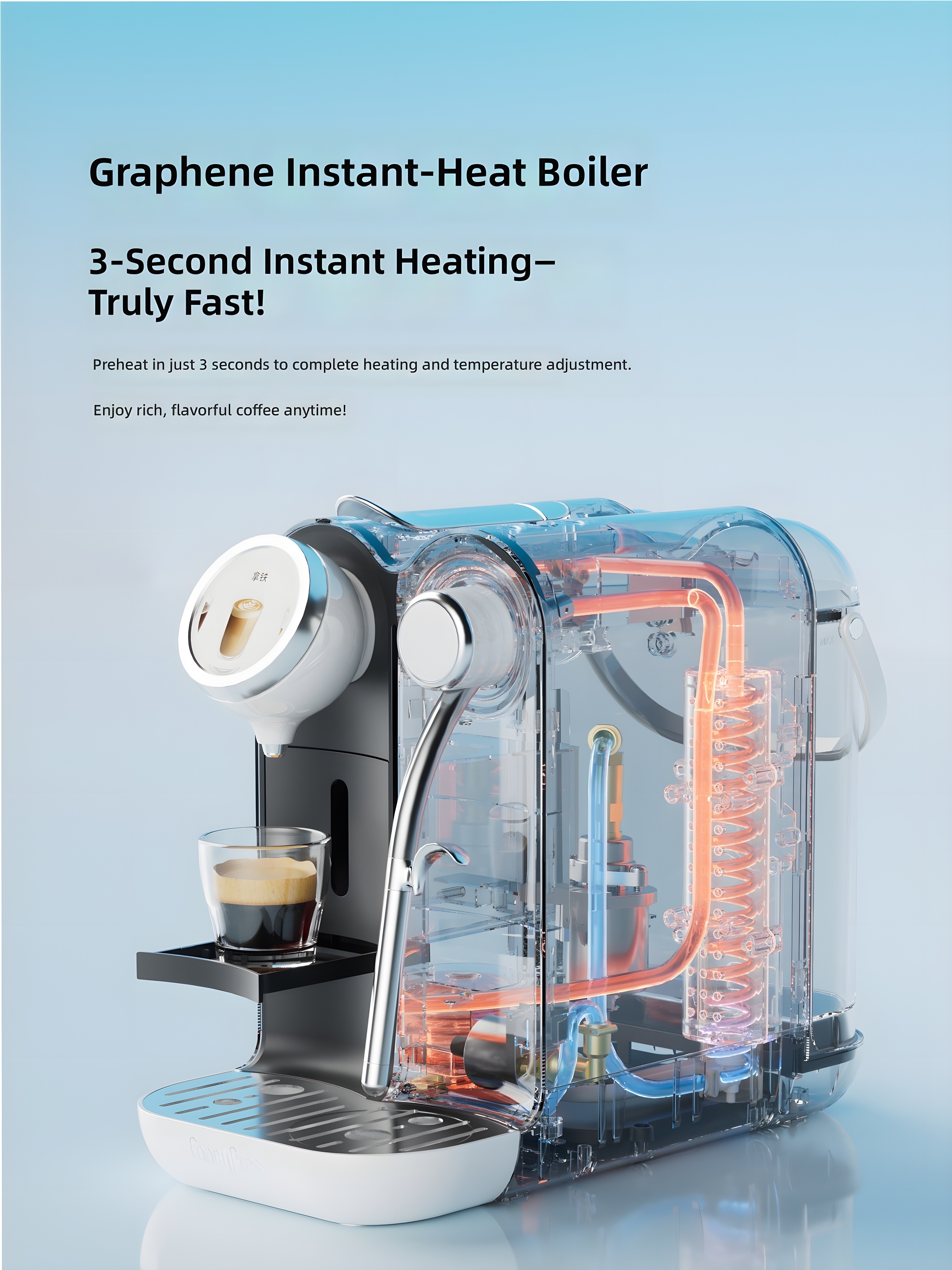 FancyPress BF100 transparent cutaway view highlighting internal graphene instant-heat boiler and dual-boiler architecture