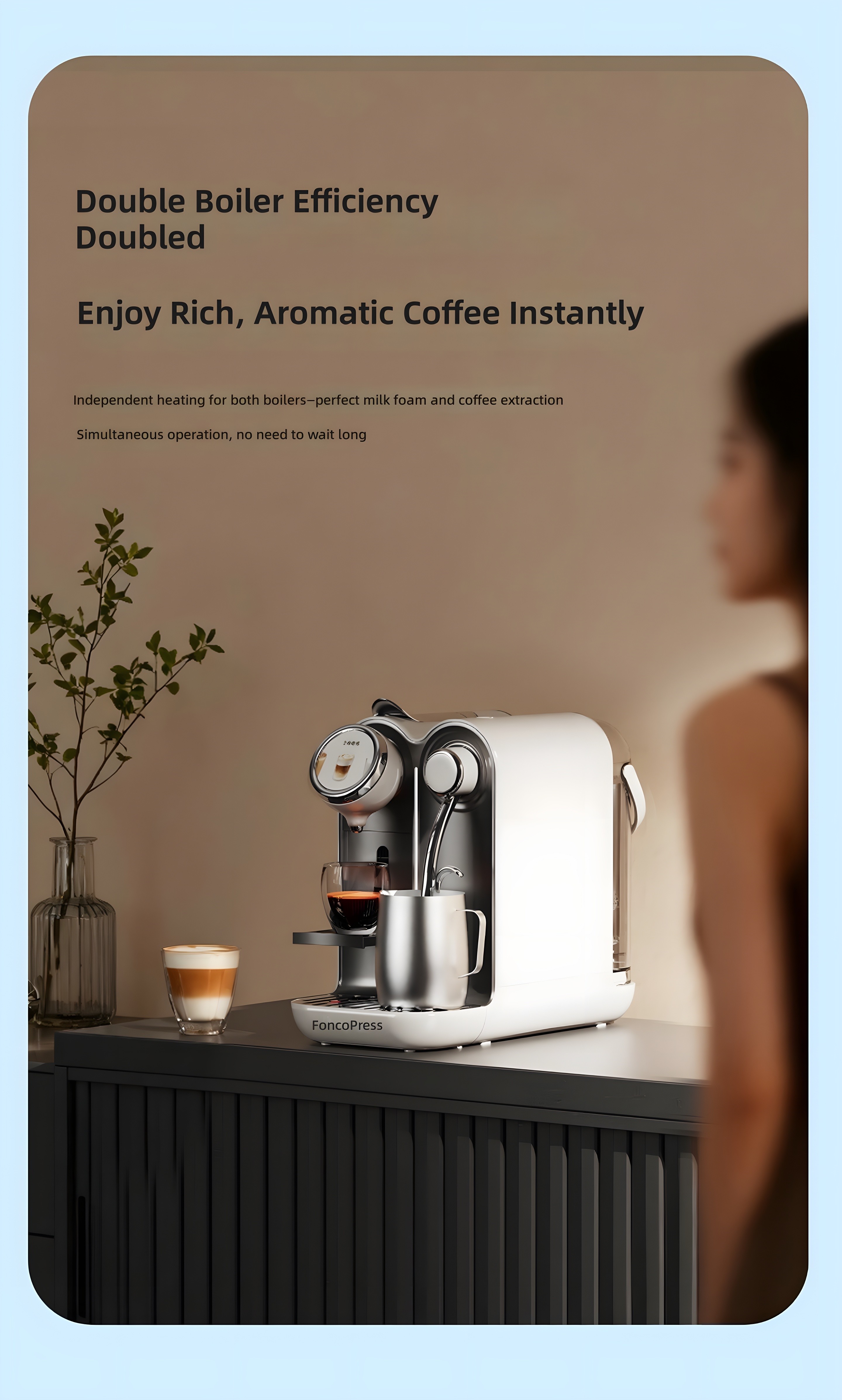 Close-up of BF100 dual-boiler operation with text overlay: 'Double Boiler Efficiency Doubled'