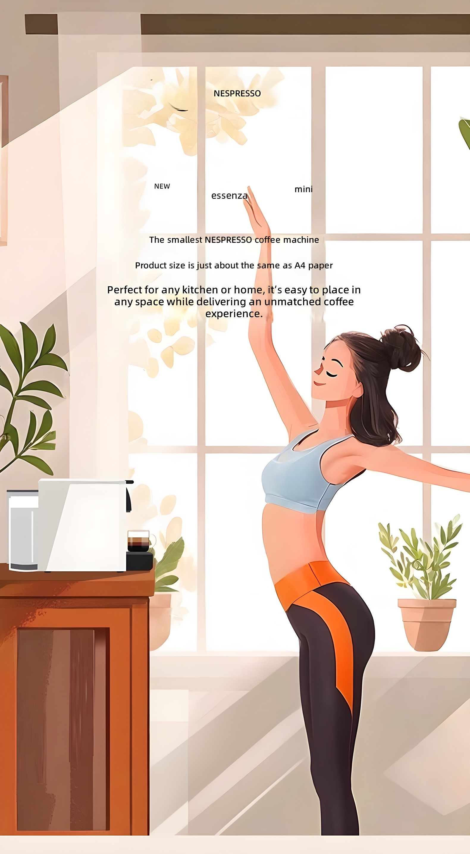 Illustration of woman doing yoga beside Essenza Mini on cabinet, text overlay highlighting 'smallest NESPREO coffee machine'