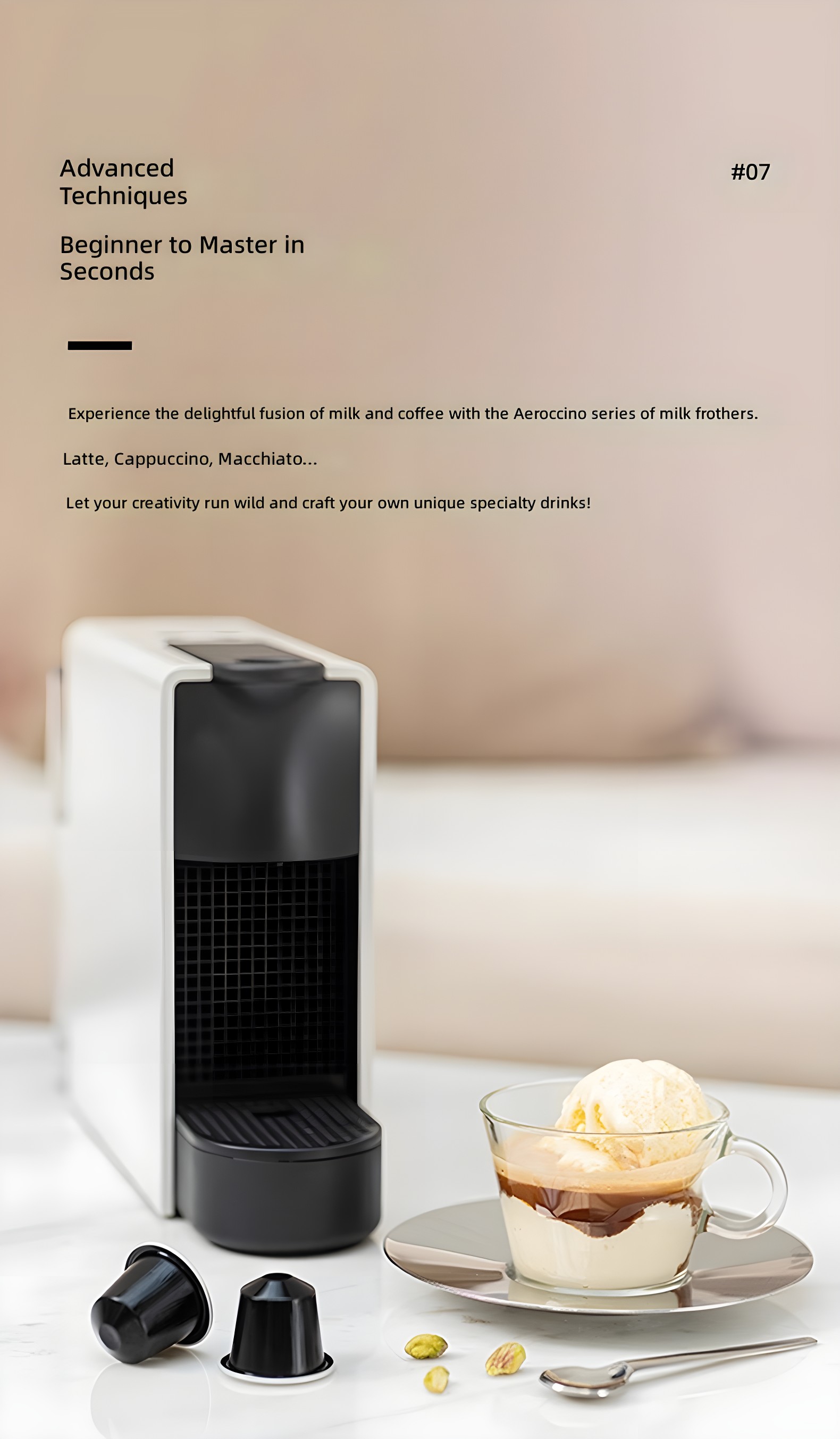 White Essenza Mini next to creative coffee drink with ice cream and pistachios