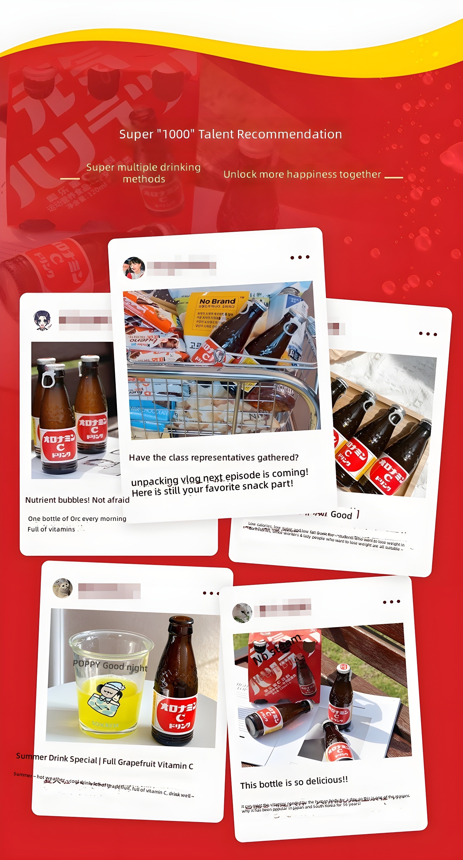 Super '1000' Talent Recommendation (red version) — same social proof collage with vibrant red background, emphasizing consumer enthusiasm and lifestyle integration