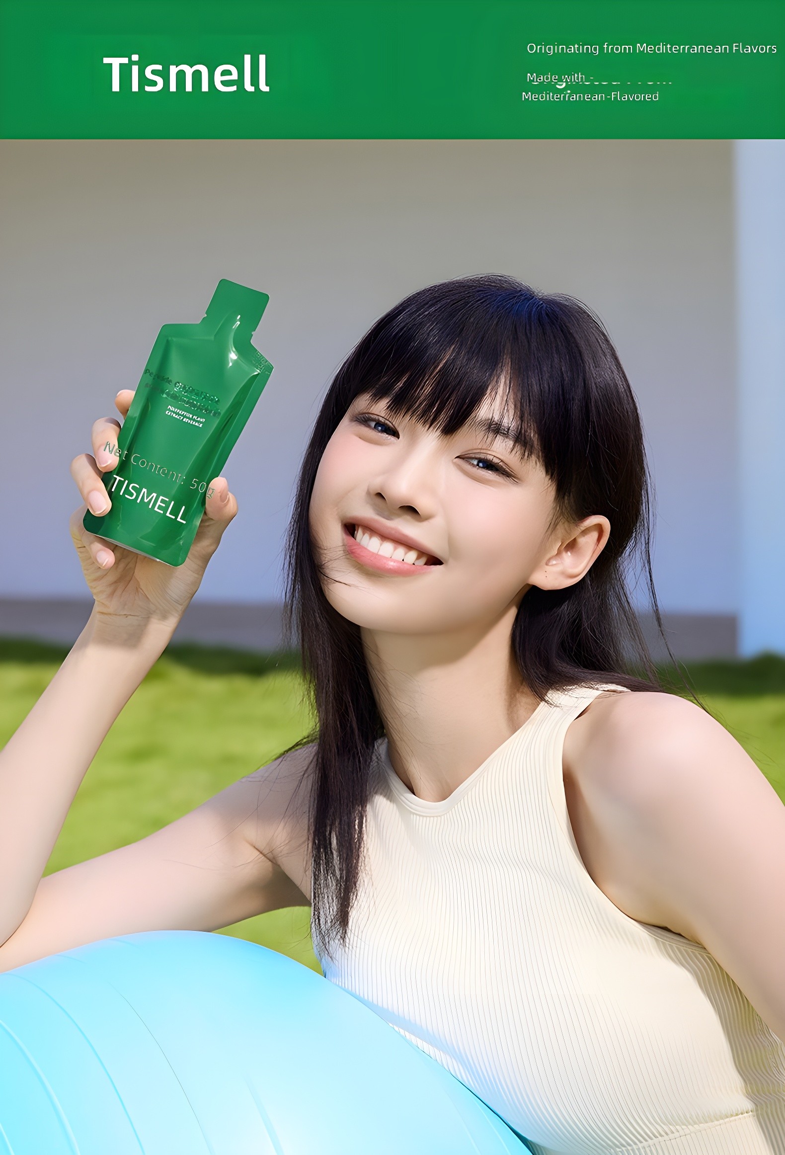 TISMEll branding header with model holding pouch, green banner 'Originating from Mediterranean Flavors'