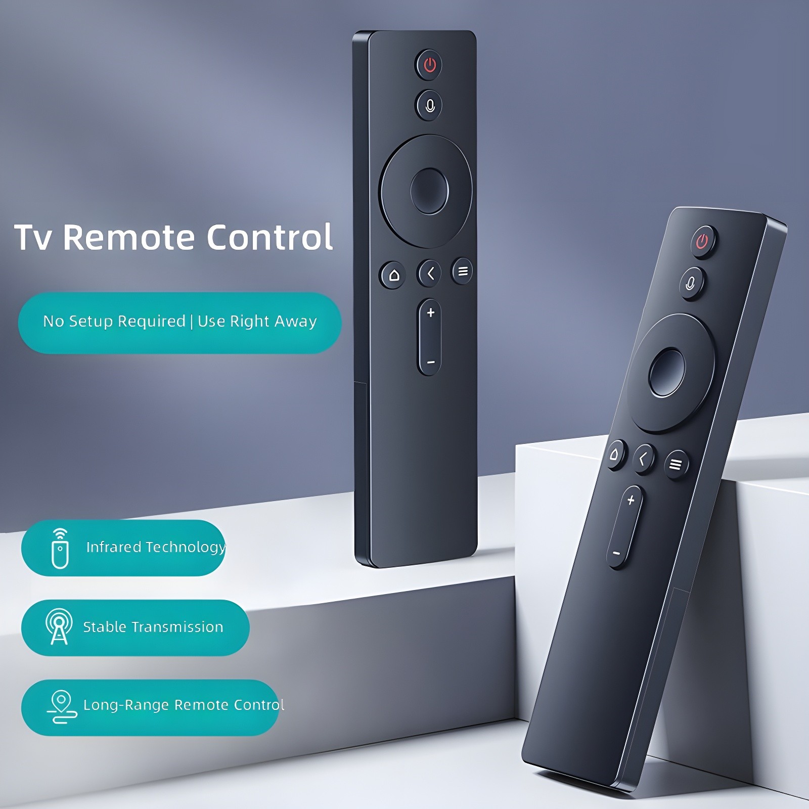 Two remotes displayed with feature highlights: Infrared Technology, Stable Transmission, Long-Range Remote Control