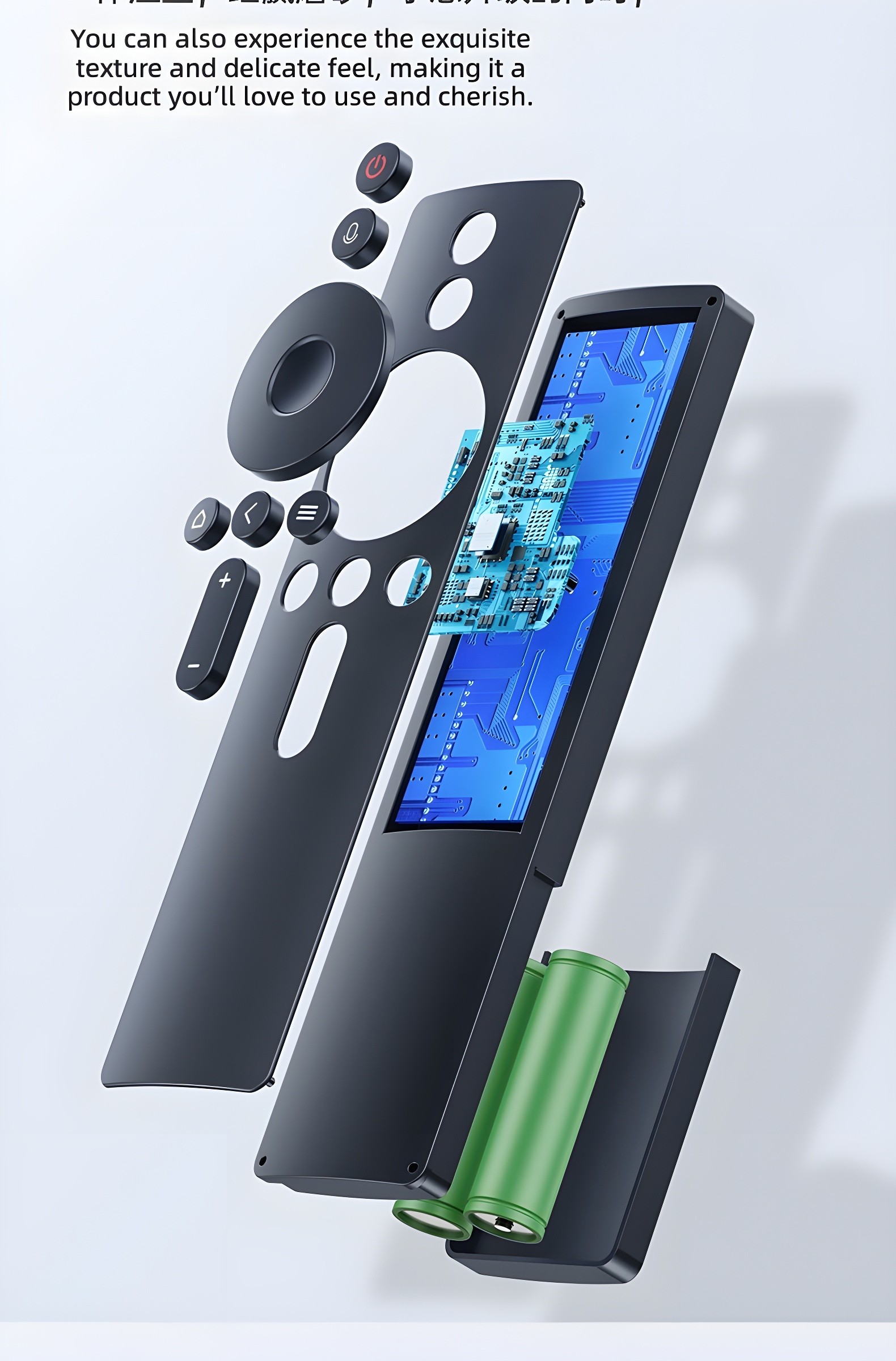 Exploded view of remote showing internal PCB, buttons, and battery assembly