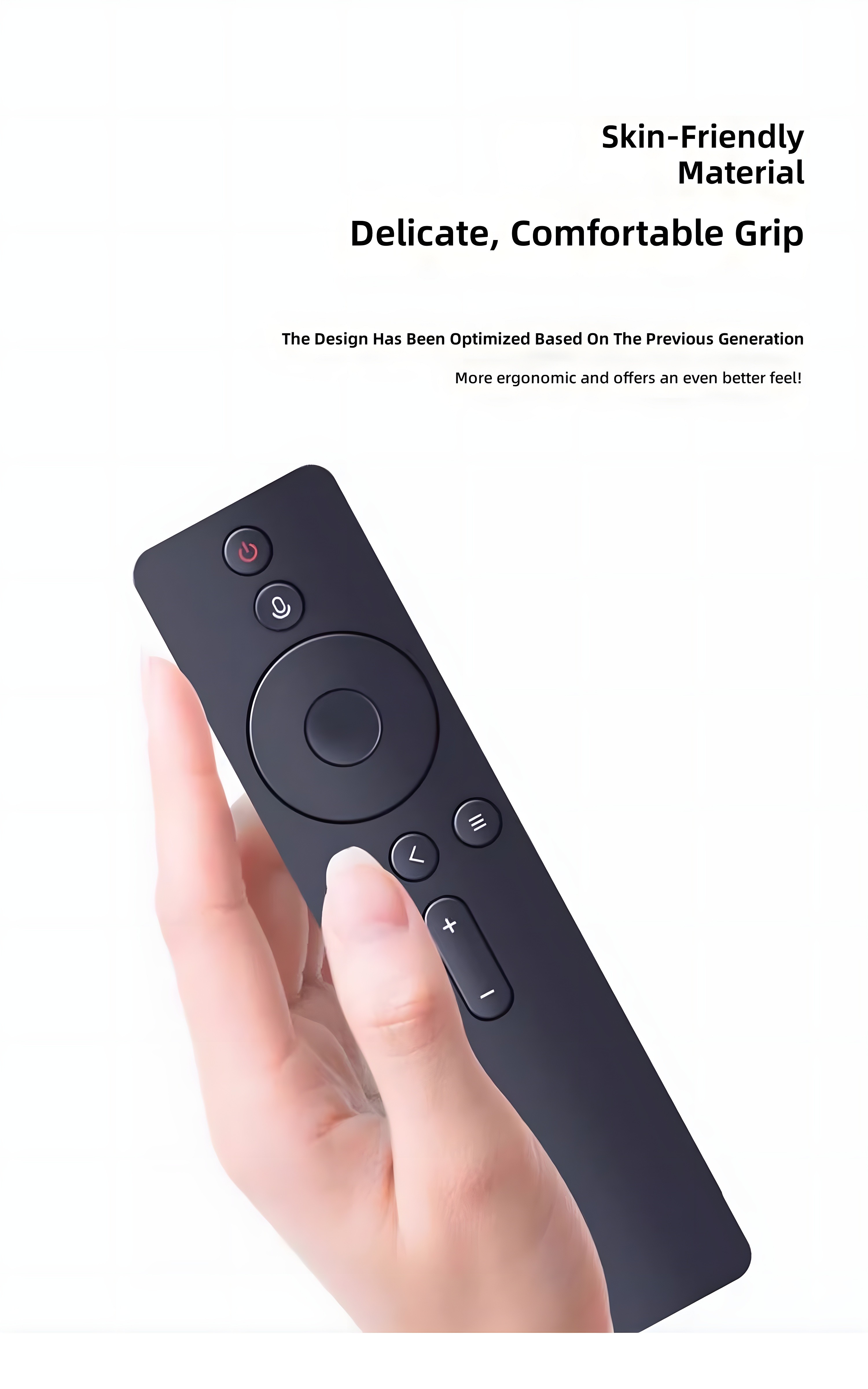 Xiaomi Smart Voice Remote held in hand, highlighting skin-friendly material and delicate grip