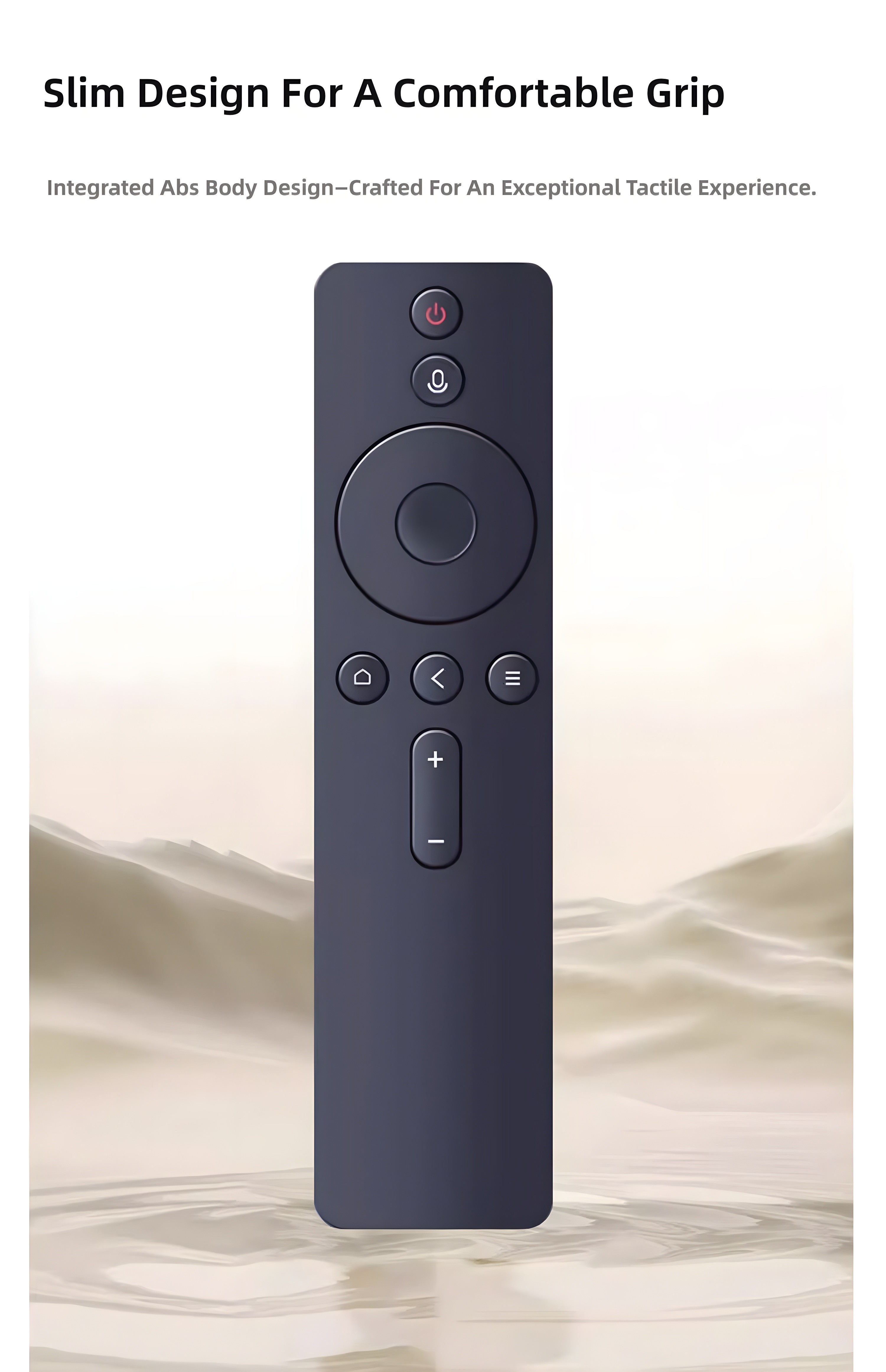 Front view of Xiaomi Smart Voice Remote with slim ABS body design against soft background