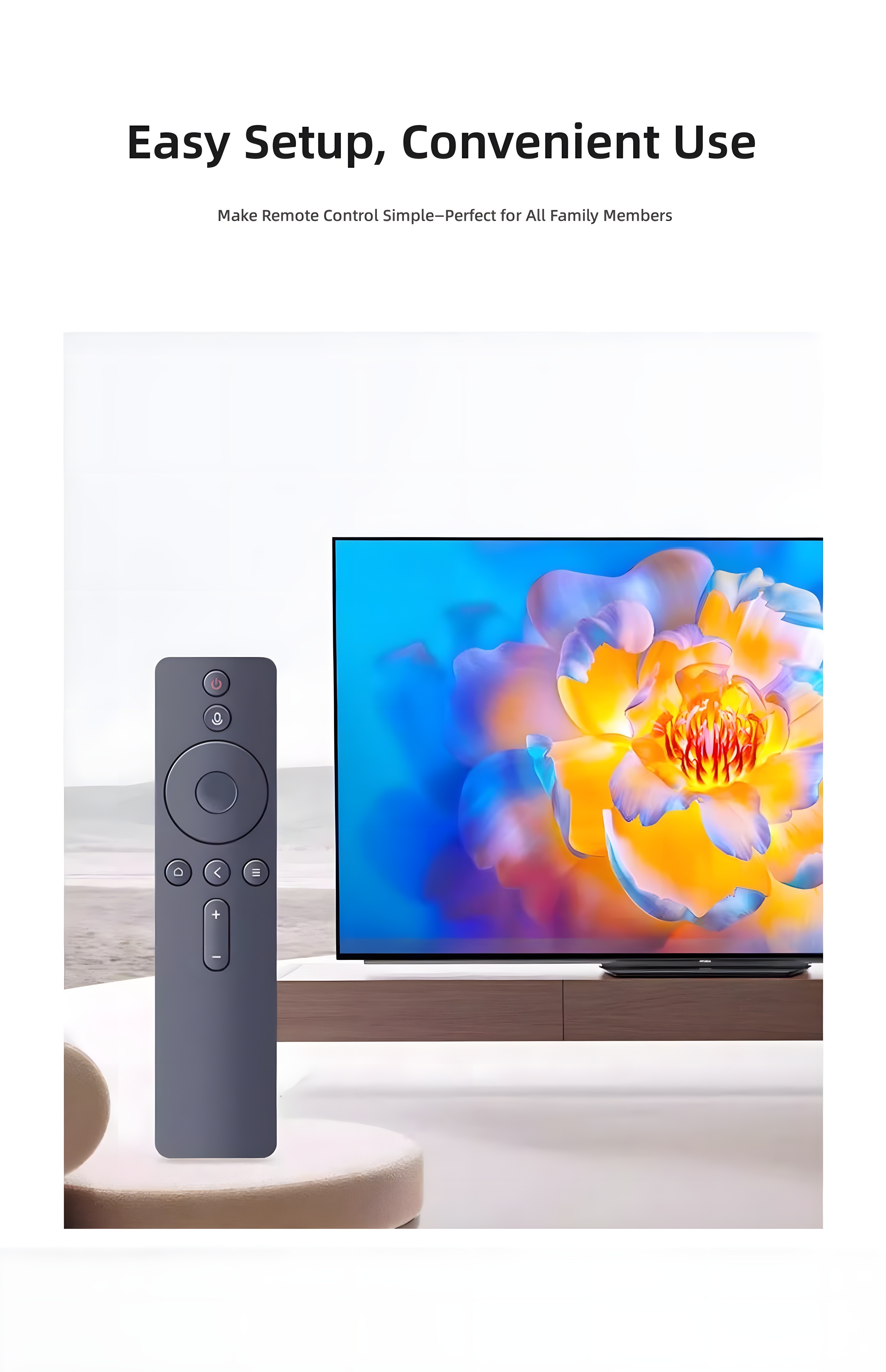Xiaomi Smart Voice Remote beside a TV displaying vibrant floral imagery, emphasizing easy setup and convenient use