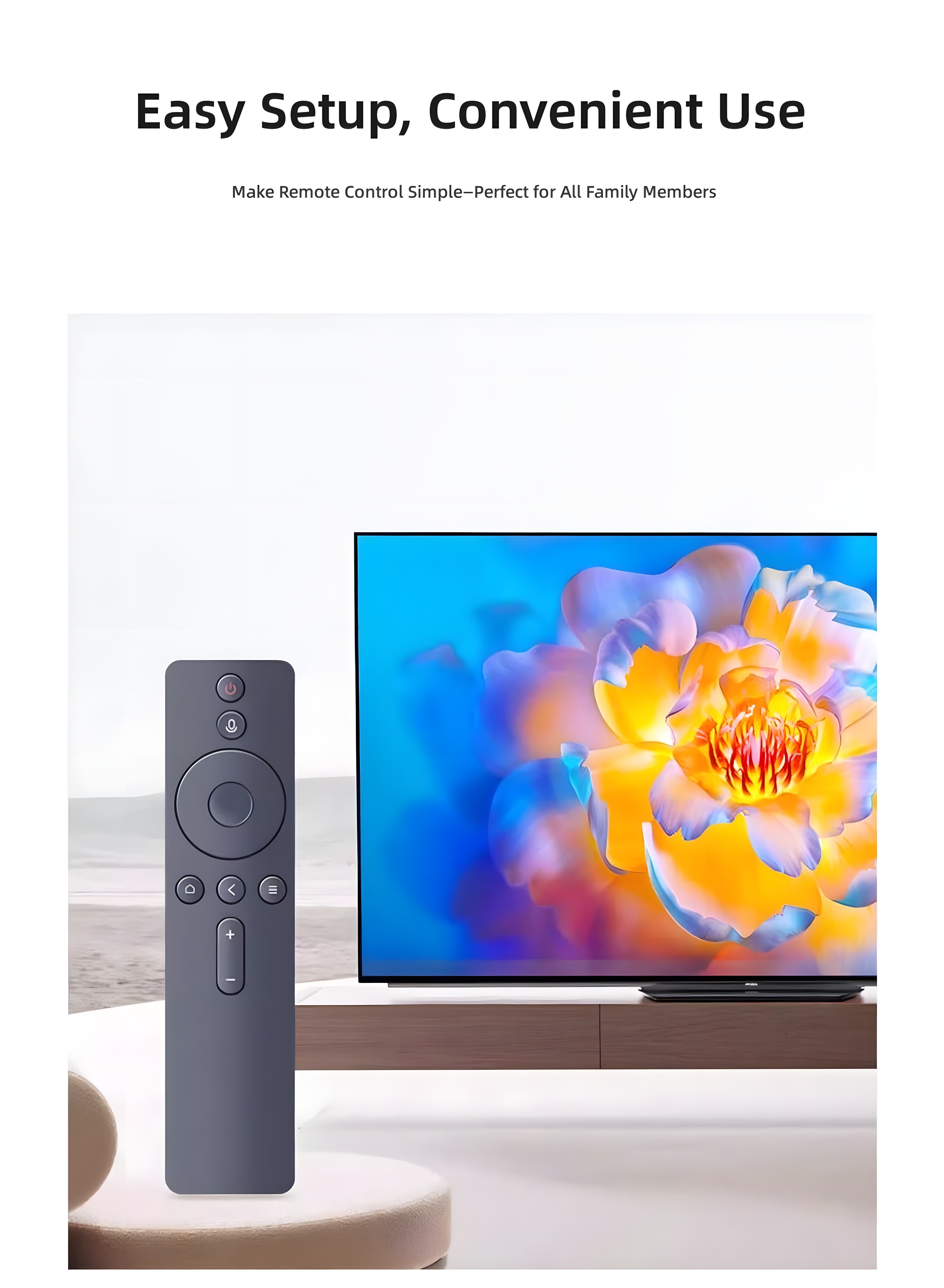 Xiaomi Smart Voice Remote next to a modern TV in a living room setting, showcasing ease of setup and family-friendly use