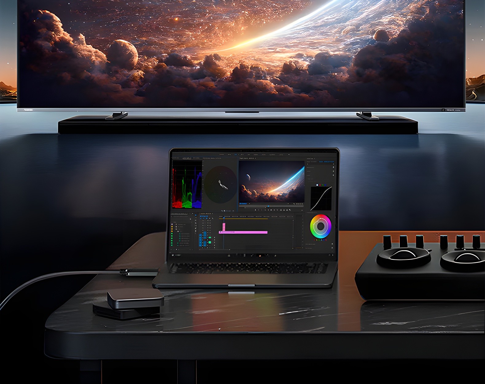 Modern desk setup: laptop running video editing software connected via HDMI cable to large monitor displaying cosmic nebula; soundbar below monitor